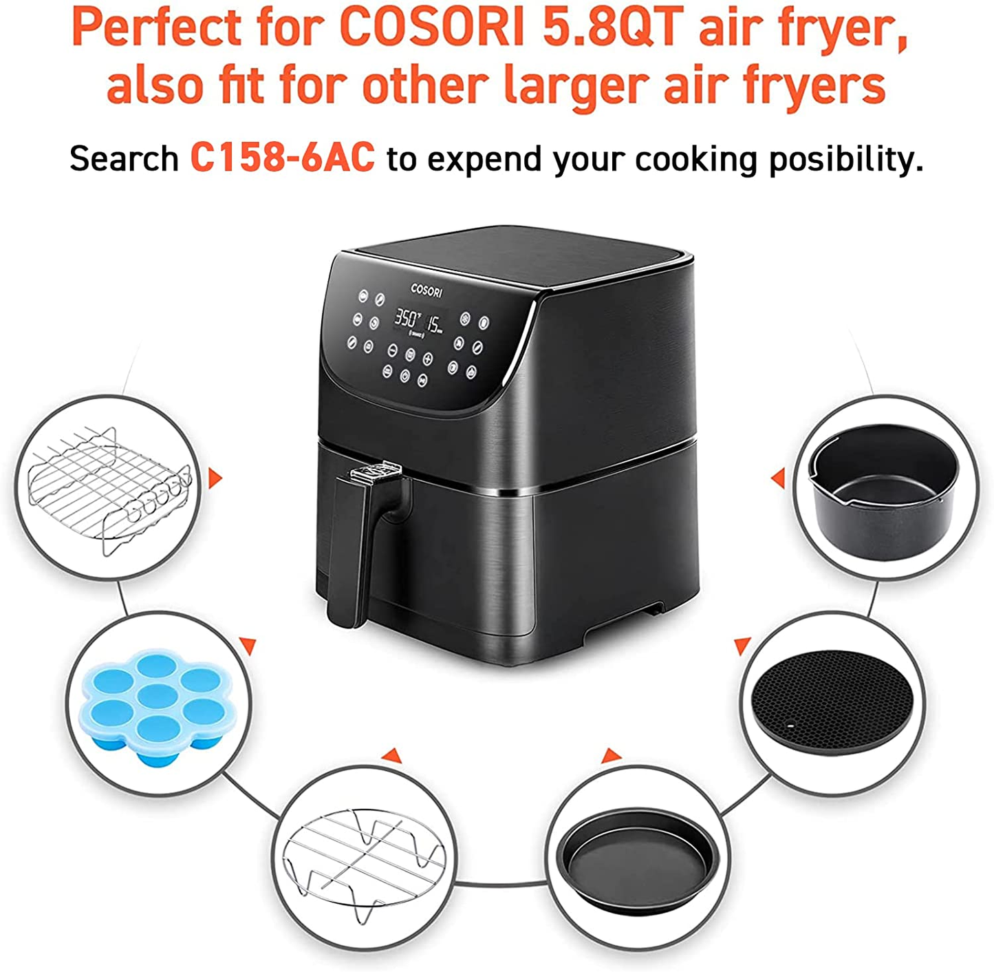 Air Fryer Oven Combo 5.8QT Max Xl Large Cooker (Cookbook with 100 Recipes), One-Touch Screen with 11 Precise Presets and Shake Reminder, Nonstick and Dishwasher-Safe Square Design Basket, Black