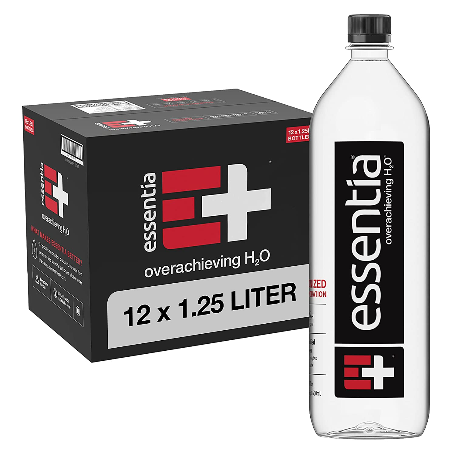 1.25 Liter, Pack of 12 Bottles; 99.9% Pure, Infused with Electrolytes for a Smooth Taste, Ph 9.5 or Higher; Ionized Alkaline Water, Black