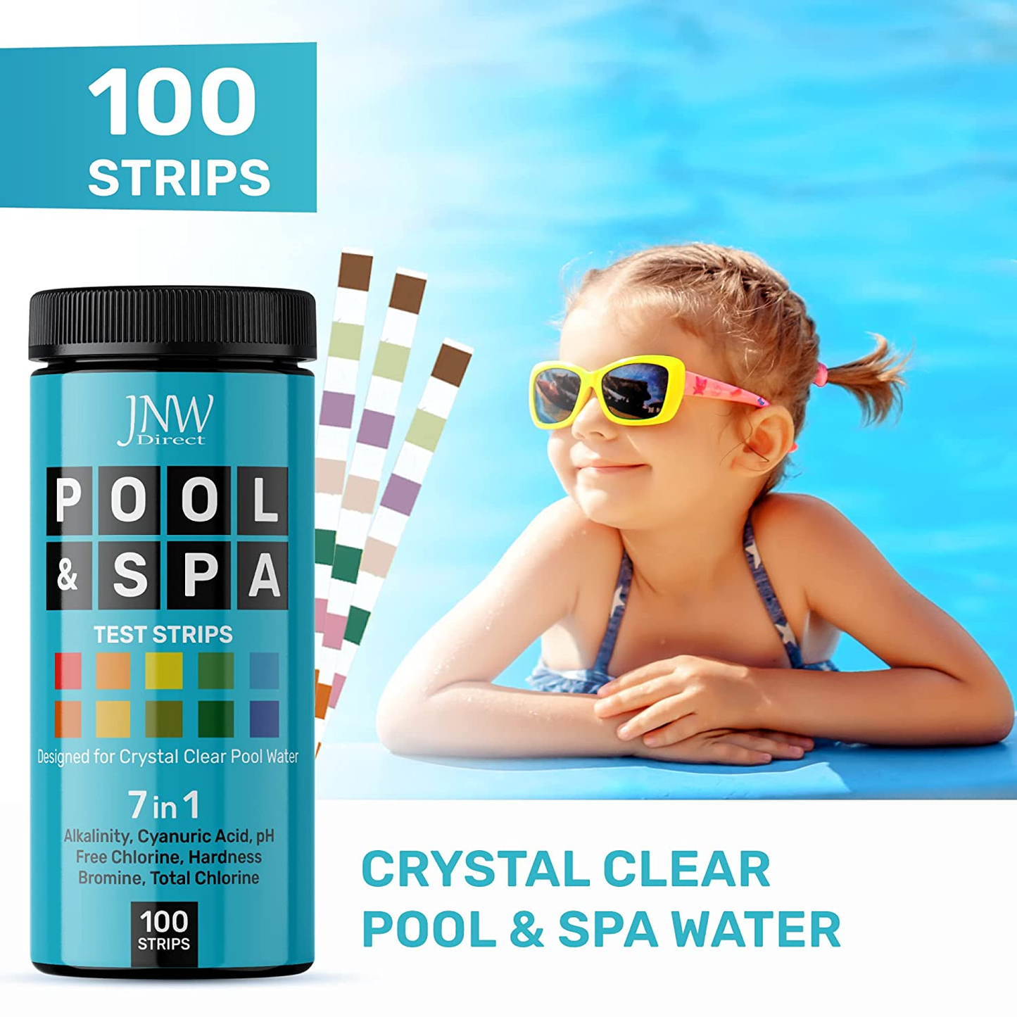 Pool and Spa Test Strips - Quick and Accurate Pool Test Strips - 7-1 Pool Test Kit - 100 Bromine, Ph, Hardness and Chlorine Test Strips - with E-Book - 100 Water Test Strips -