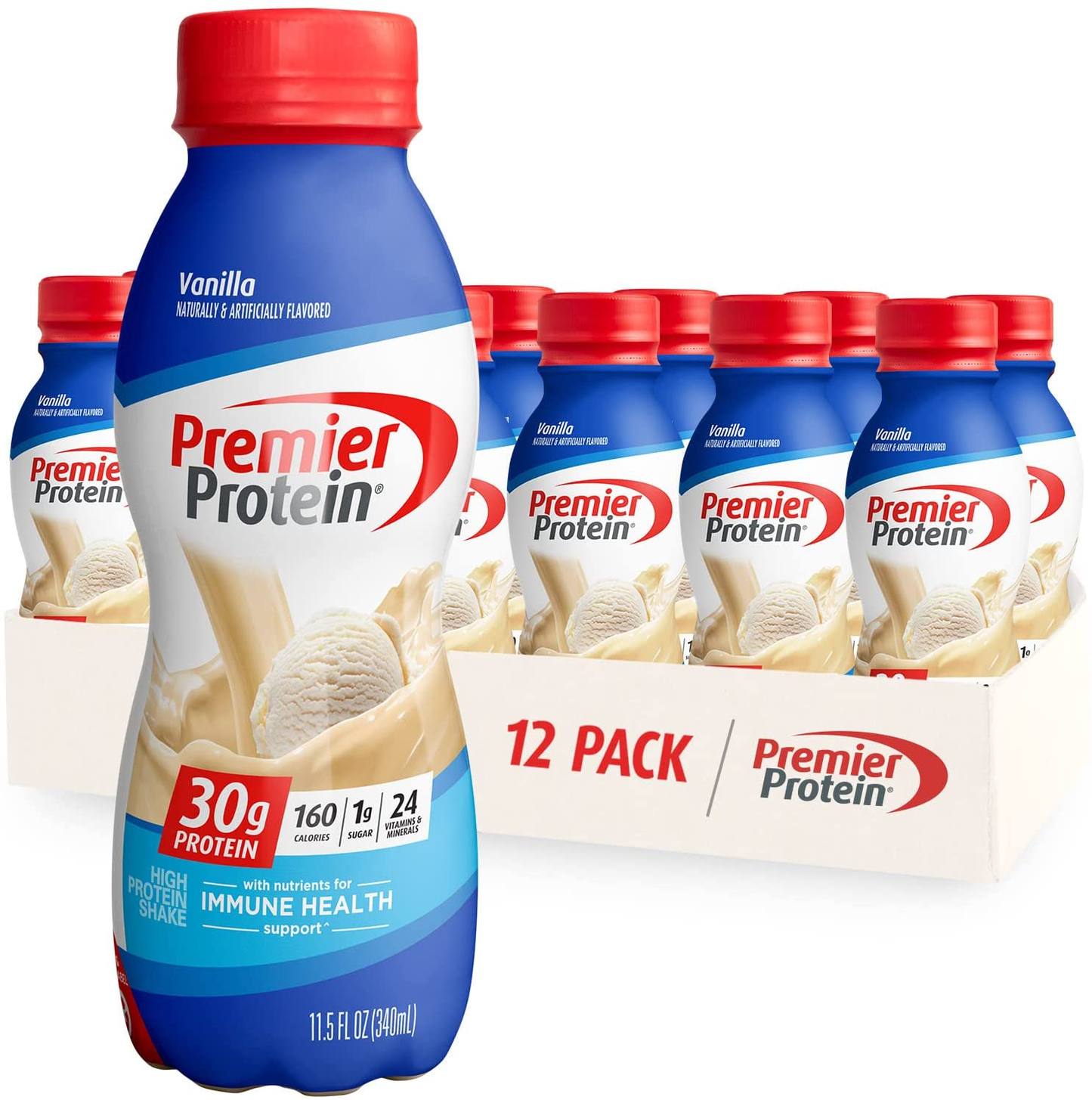 Premier Protein Shake, Vanilla, 30g Protein, 1g Sugar, 24 Vitamins & Minerals, Nutrients to Support Immune Health, 11.5 Fl Oz, Pack of 12