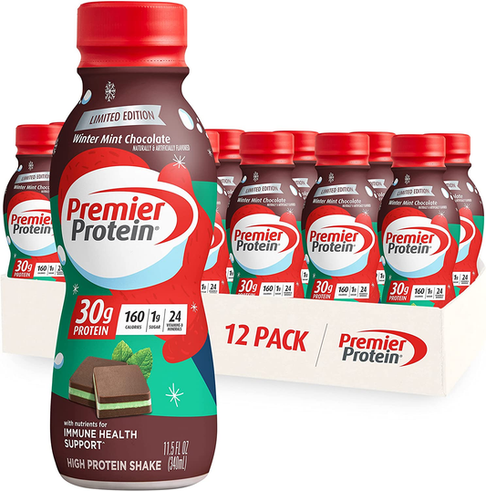 Premier Protein Shake, Winter Mint Chocolate, 30g Protein, 1g Sugar, 24 Vitamins & Minerals, Nutrients to Support Immune Health, 11.5 Fl Oz, Pack of 12