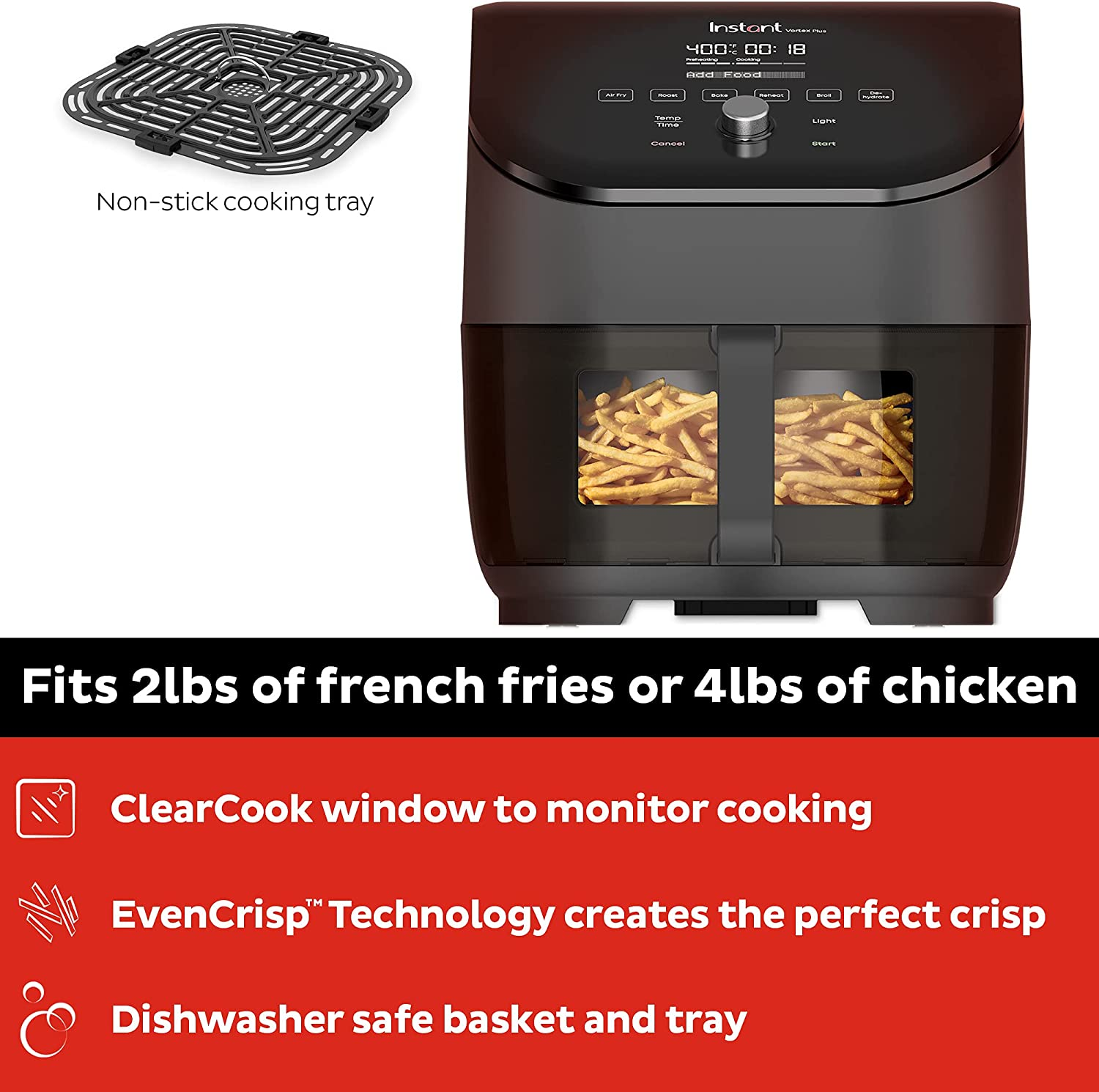 Instant Vortex plus 6 Quart 6-In 1 Air Fryer with Clearcook™ Easy View Windows and Evencrisp™ Technology, Air Fry, Roast, Broil, Bake, Reheat, Dehydrate, 1700W, Black