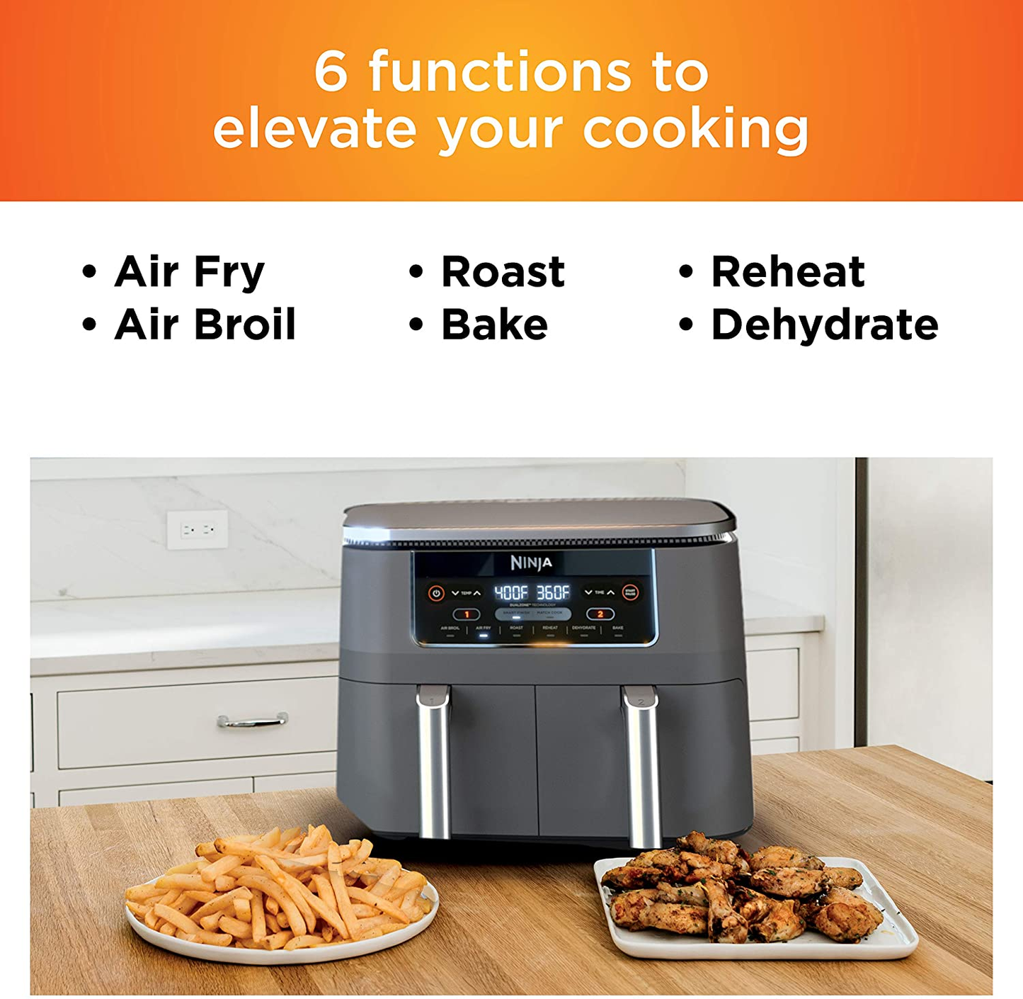 DZ201 Foodi 8 Quart 6-In-1 Dualzone 2-Basket Air Fryer with 2 Independent Frying Baskets, Match Cook & Smart Finish to Roast, Broil, Dehydrate & More for Quick, Easy Meals, Grey