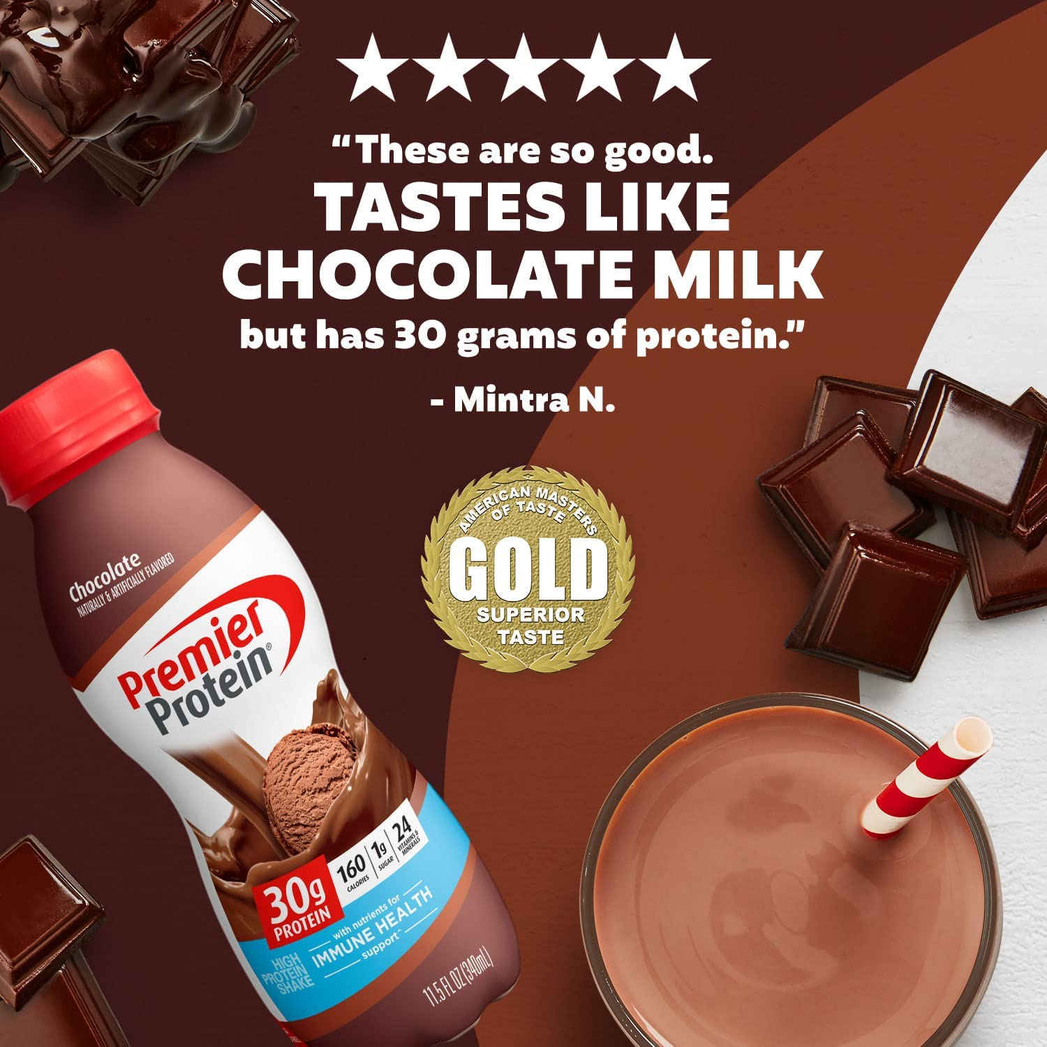 Premier Protein Shake, Chocolate, 30g Protein, 1g Sugar, 24 Vitamins & Minerals, Nutrients to Support Immune Health, 11.5 Fl Oz, Pack of 12