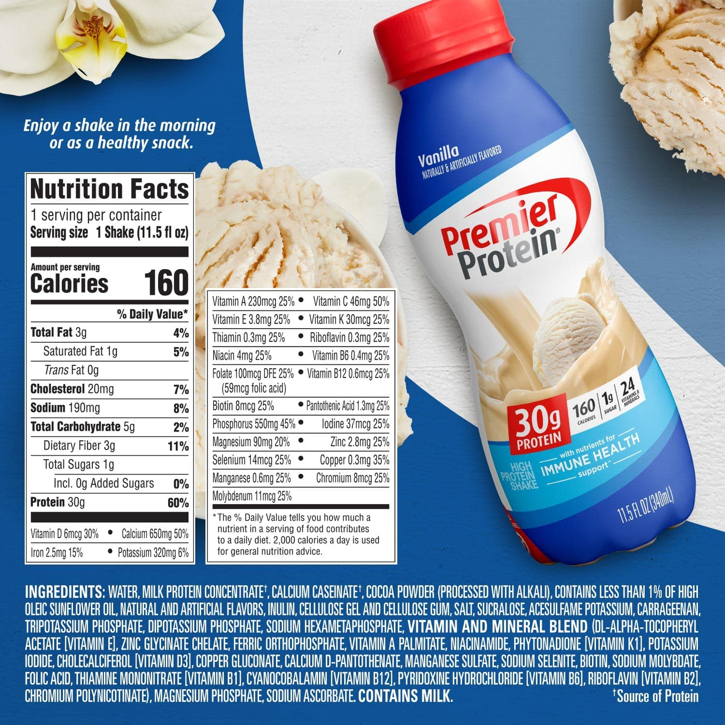 Premier Protein Shake, Vanilla, 30g Protein, 1g Sugar, 24 Vitamins & Minerals, Nutrients to Support Immune Health, 11.5 Fl Oz, Pack of 12