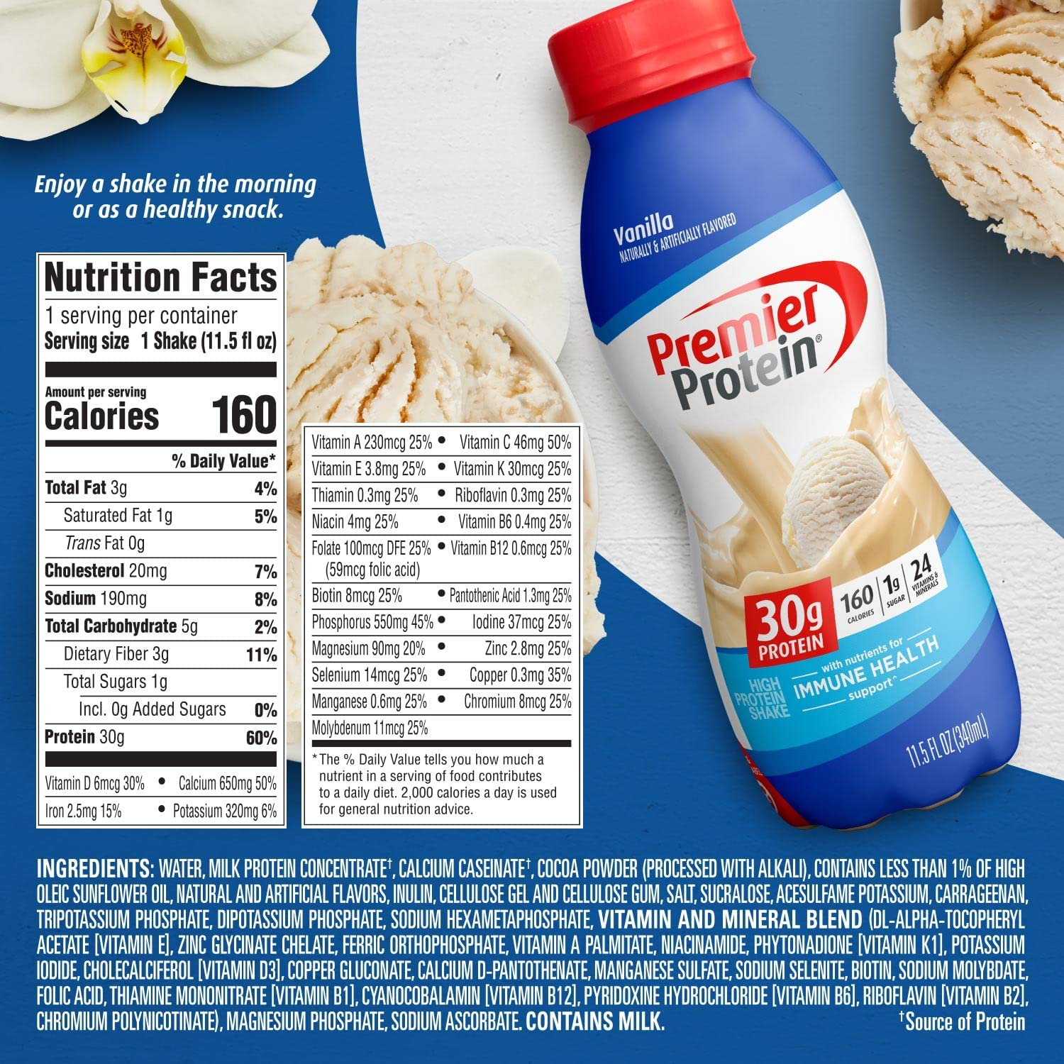 Premier Protein Shake, Vanilla, 30g Protein, 1g Sugar, 24 Vitamins & Minerals, Nutrients to Support Immune Health, 11.5 Fl Oz, Pack of 12