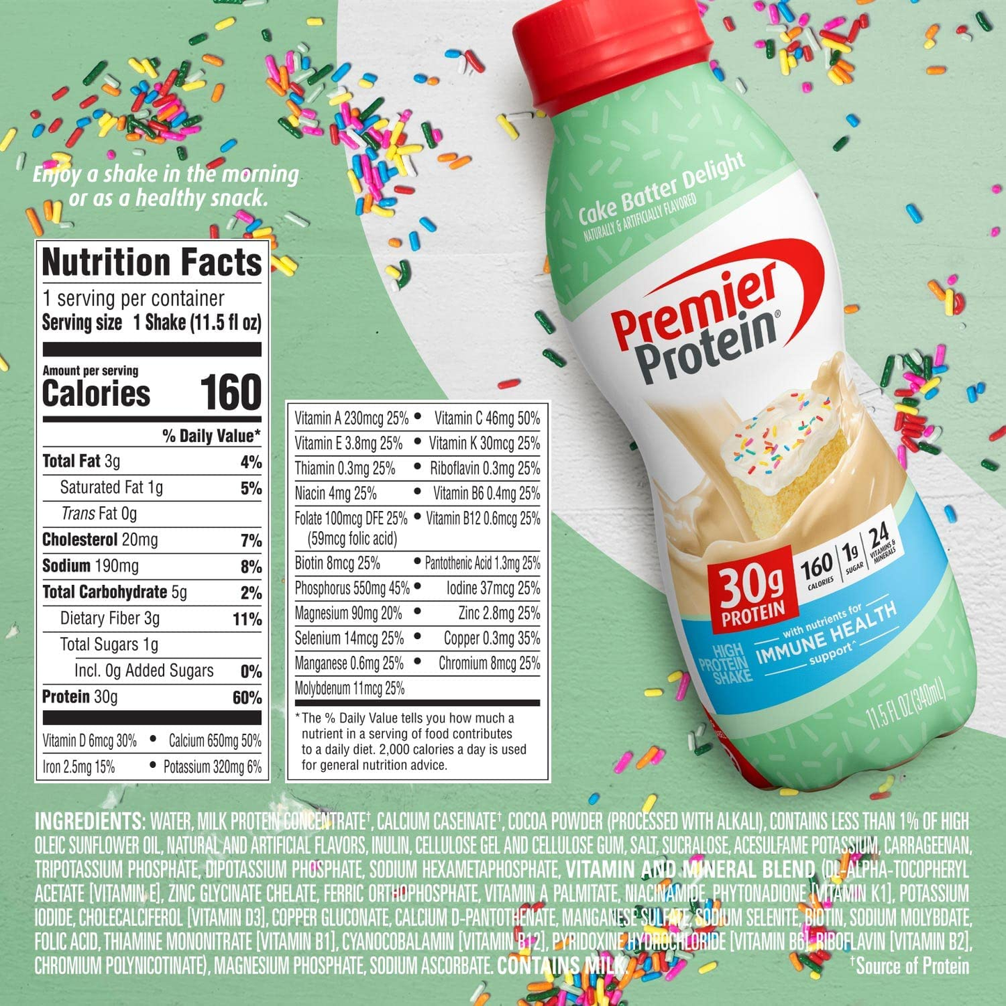 Premier Protein Shake, Cake Batter Delight, 30g Protein, 1g Sugar, 24 Vitamins & Minerals, Nutrients to Support Immune Health, 11.5 Fl Oz, Pack of 12