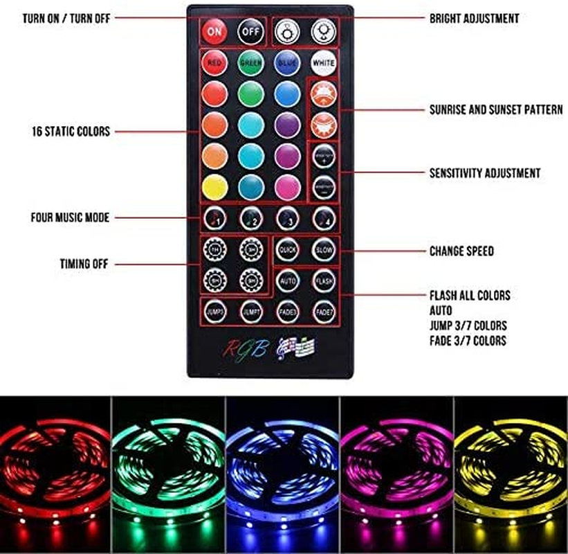 LED Strip Lights,Tenmiro 32.8FT LED Music Sync Color Changing Lights with 40Keys Music Remote Controller and 12V5Apower Supply, RGB SMD5050 300 Led Lights for Room, Bedroom, TV, Party