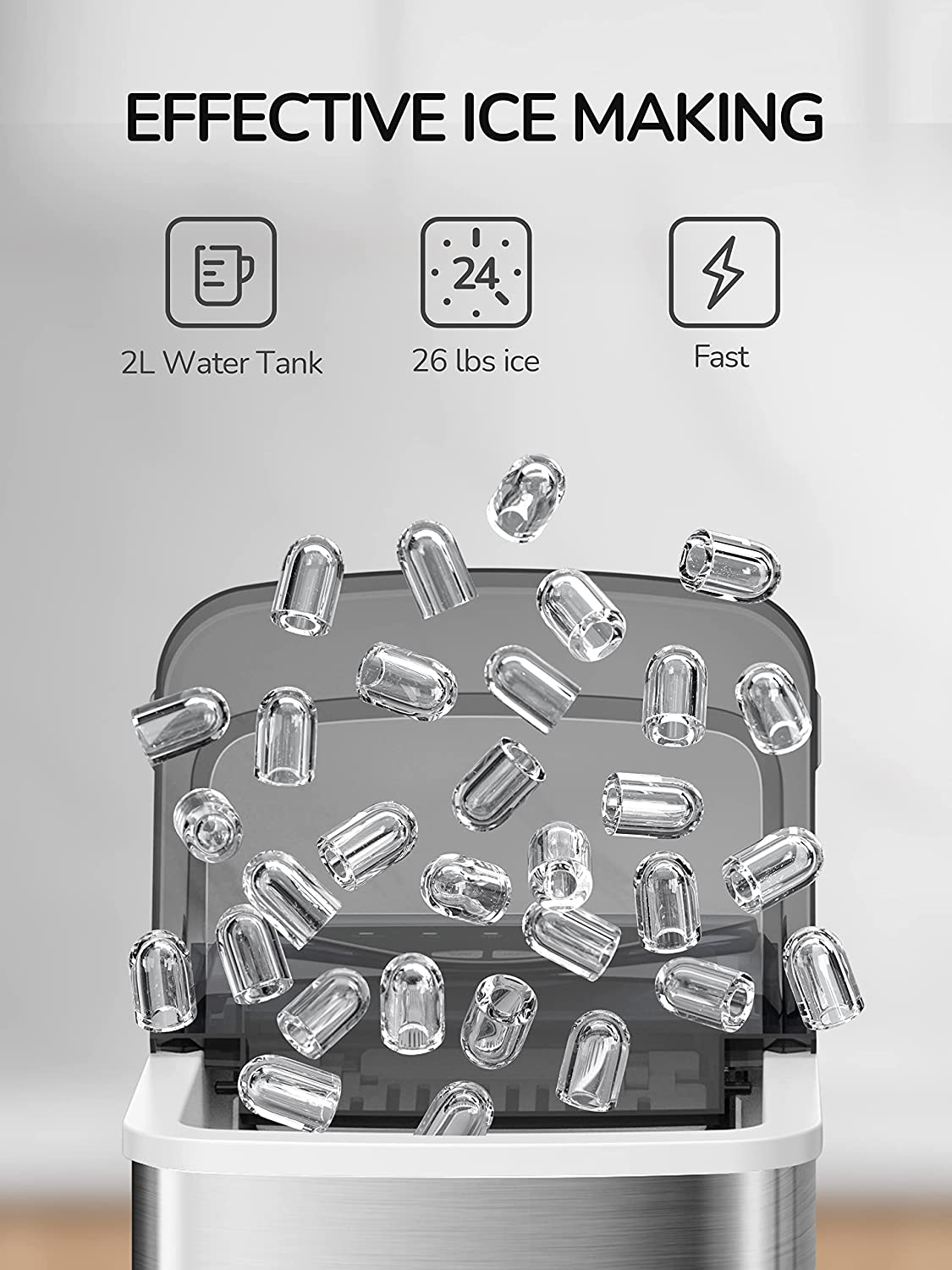 Ice Maker Machine for Countertop, 9 Bullet Ice Cubes Ready in 6 Minutes, 26Lbs in 24Hrs Portable Ice Maker Machine Self-Cleaning, 2 Sizes of Bullet-Shaped Ice for Home Kitchen Office Bar Party