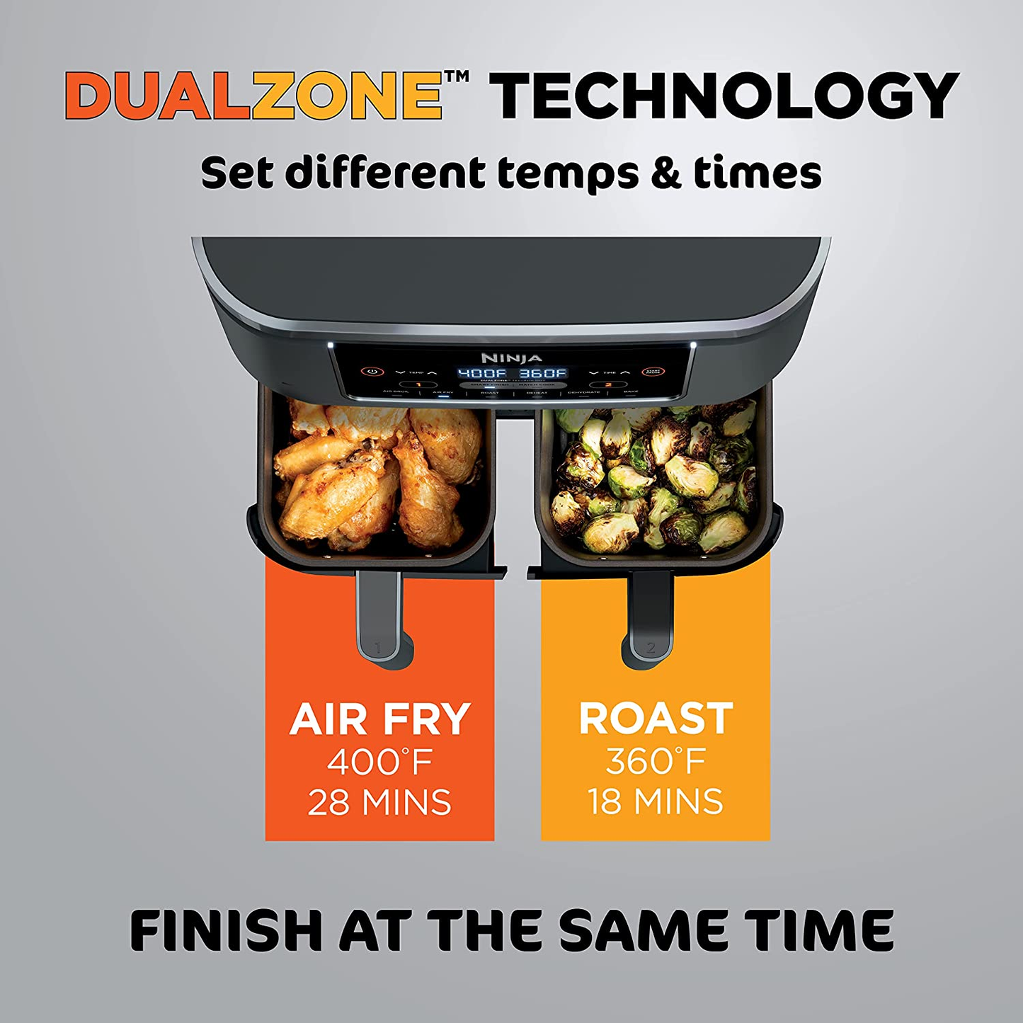 DZ201 Foodi 8 Quart 6-In-1 Dualzone 2-Basket Air Fryer with 2 Independent Frying Baskets, Match Cook & Smart Finish to Roast, Broil, Dehydrate & More for Quick, Easy Meals, Grey