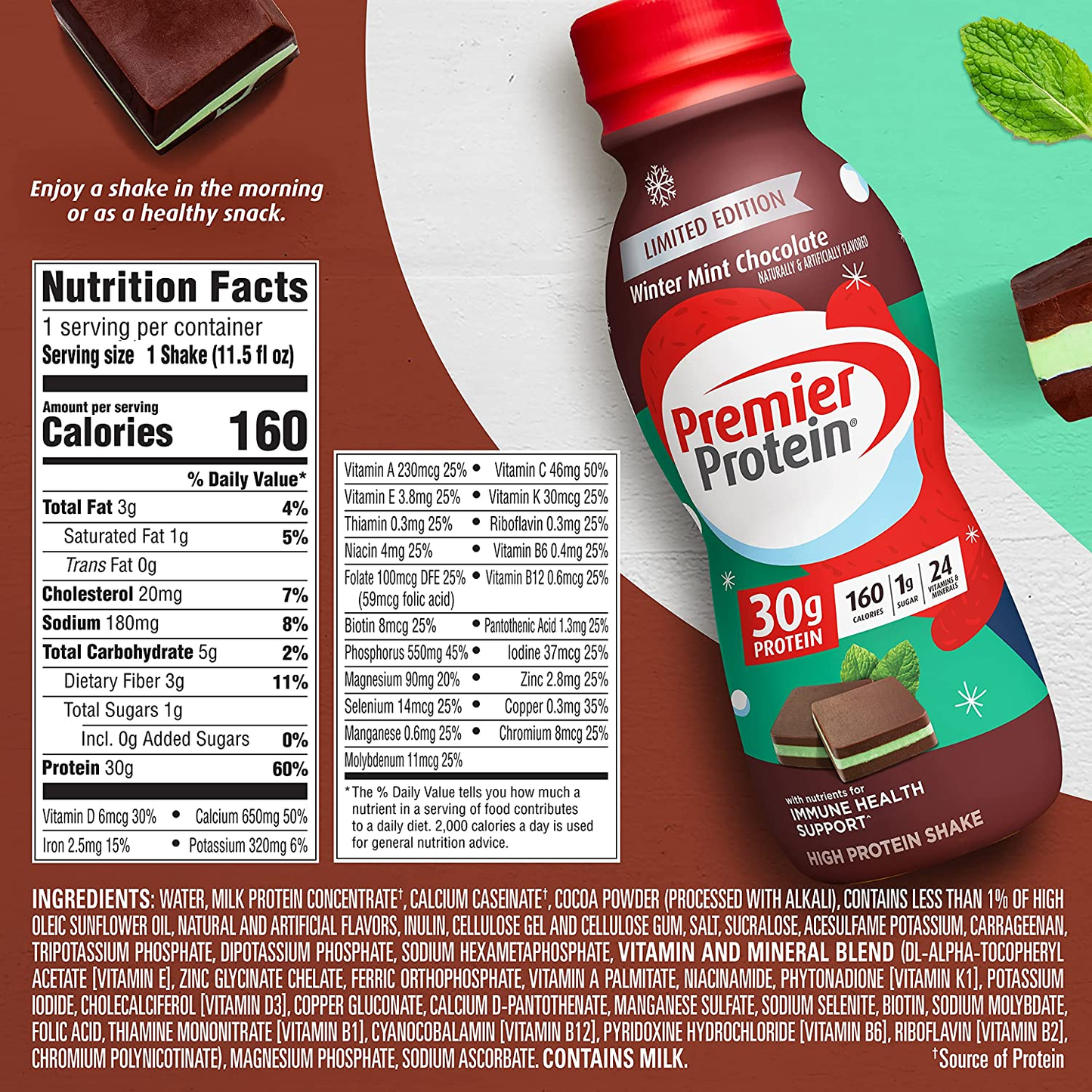 Premier Protein Shake, Winter Mint Chocolate, 30g Protein, 1g Sugar, 24 Vitamins & Minerals, Nutrients to Support Immune Health, 11.5 Fl Oz, Pack of 12
