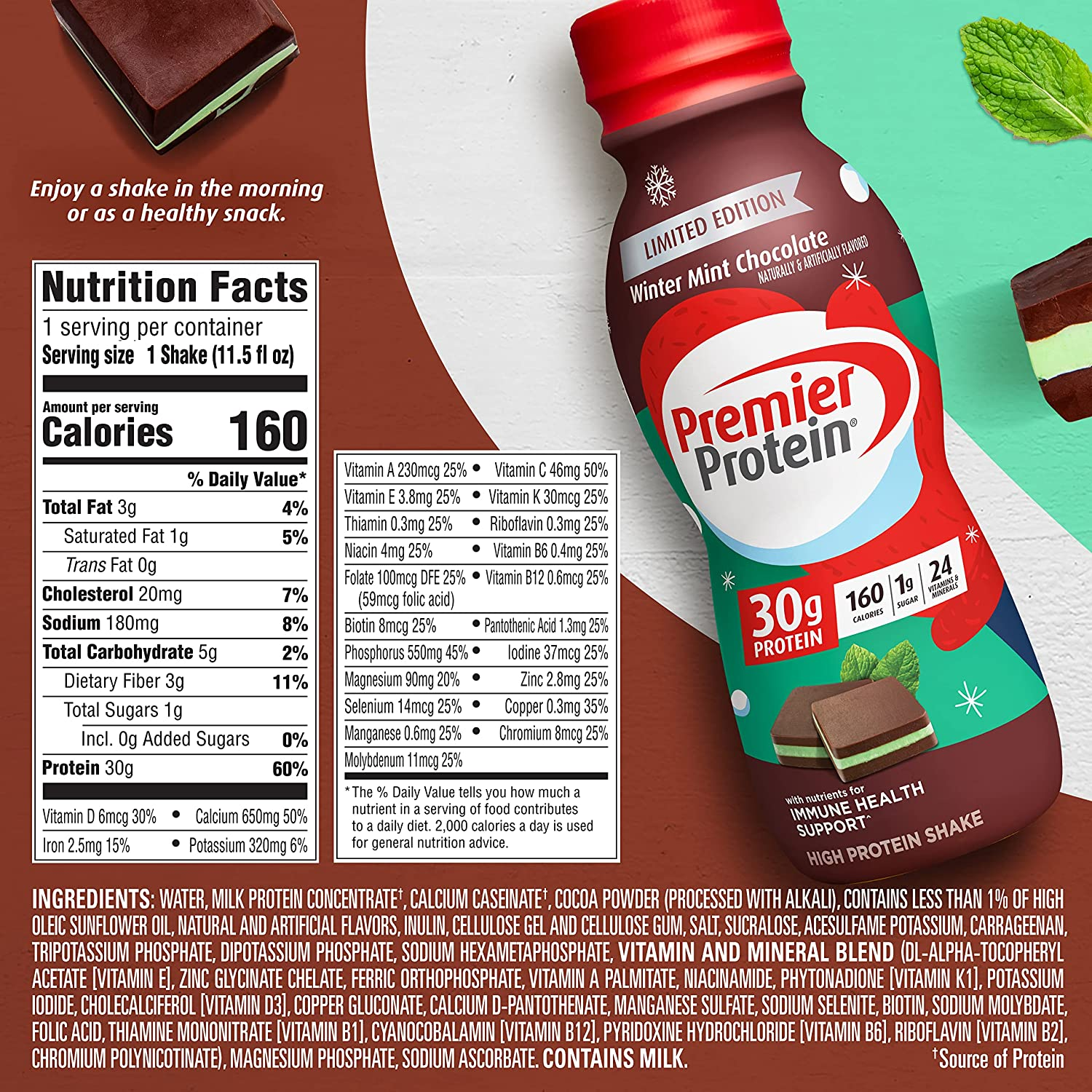 Premier Protein Shake, Winter Mint Chocolate, 30g Protein, 1g Sugar, 24 Vitamins & Minerals, Nutrients to Support Immune Health, 11.5 Fl Oz, Pack of 12