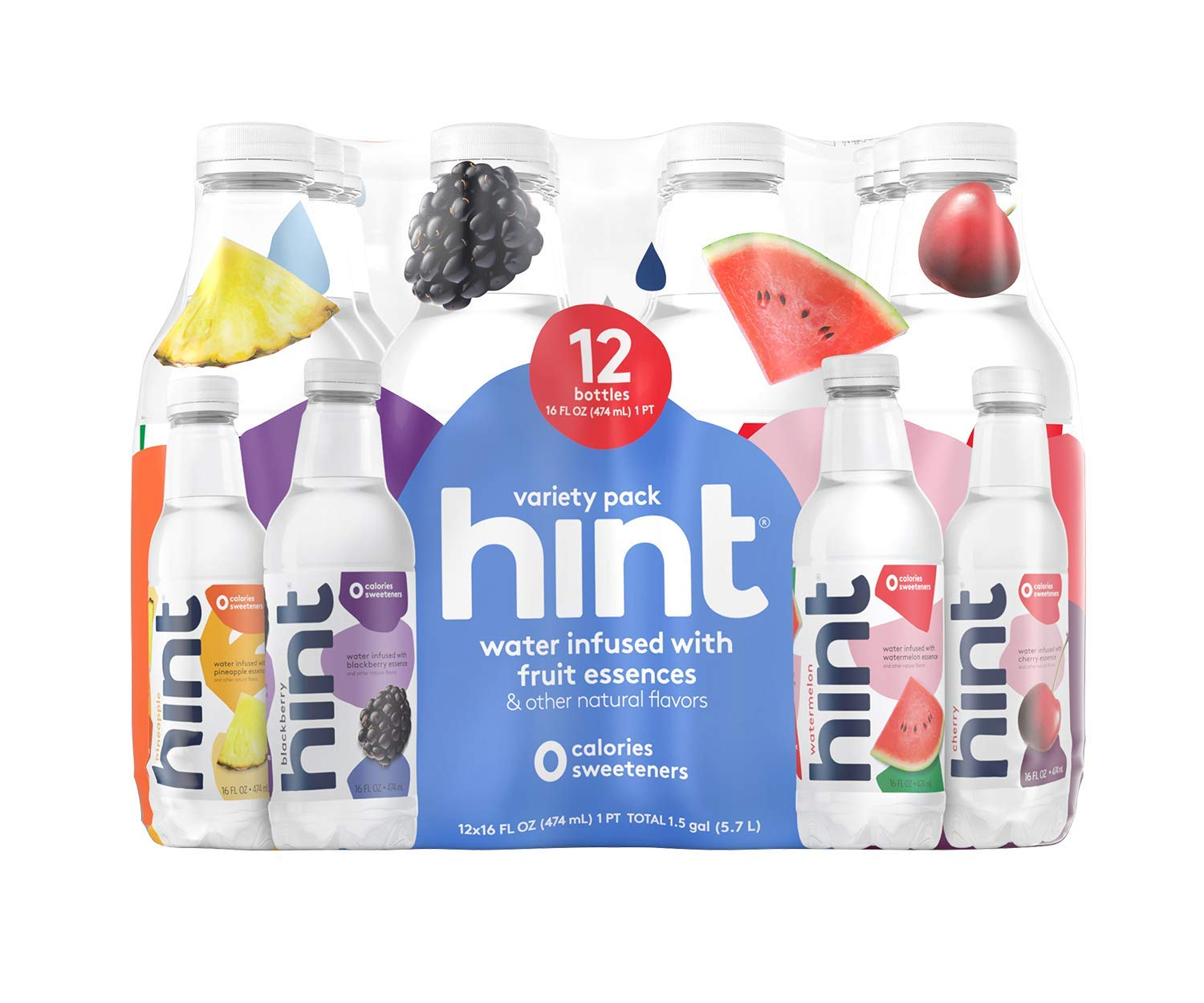 Hint Water Best Sellers Pack (Pack of 12), 16 Ounce Bottles, 3 Bottles Each Of: Watermelon, Blackberry, Cherry, and Pineapple, Zero Calories, Zero Sugar and Zero Sweeteners