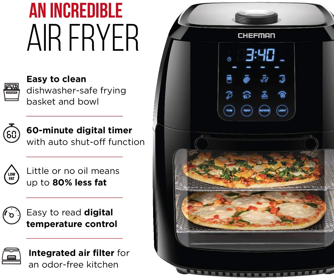 6.3 Quart Digital Air Fryer+ Rotisserie, Dehydrator, Convection Oven, 8 Touch Screen Presets Fry, Roast, Dehydrate & Bake, Bpa-Free, Auto Shutoff, Accessories Included, XL Family Size, Black
