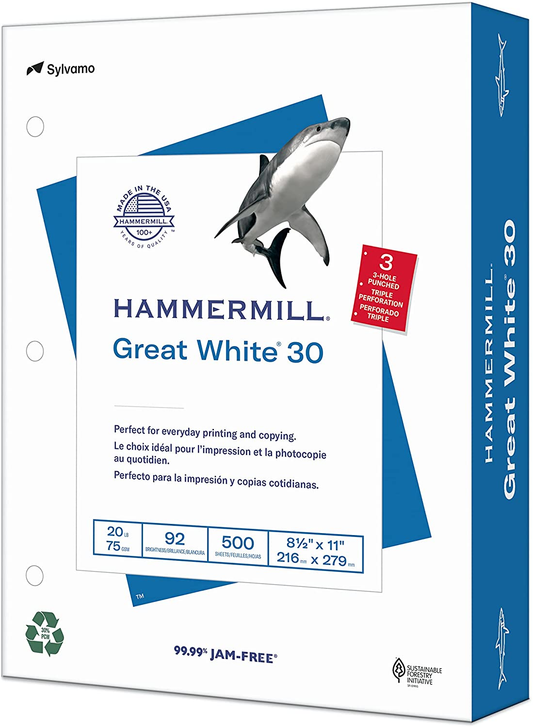 Printer Paper, Great White 30% Recycled Paper, 3 Hole - 1 Ream (500 Sheets) - 92 Bright, Made in the USA, 086702