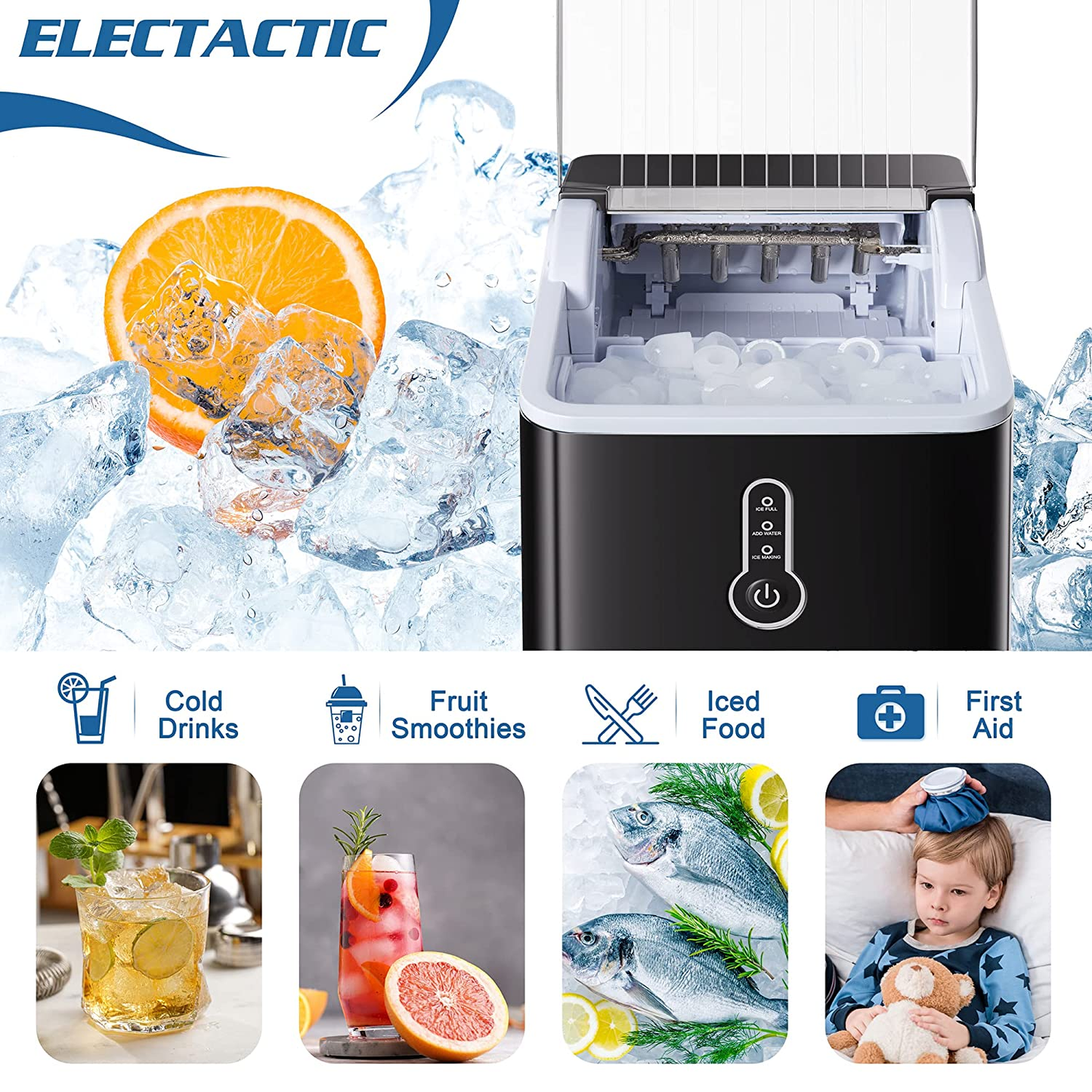 Ice Maker Countertop, Efficient Easy Carry Ice Maker, Self-Cleaning Ice Maker with Ice Scoop & Basket, 9Pcs/ 8Mins 26.6Lbs per Day for Home/Office/Kitchen, Black
