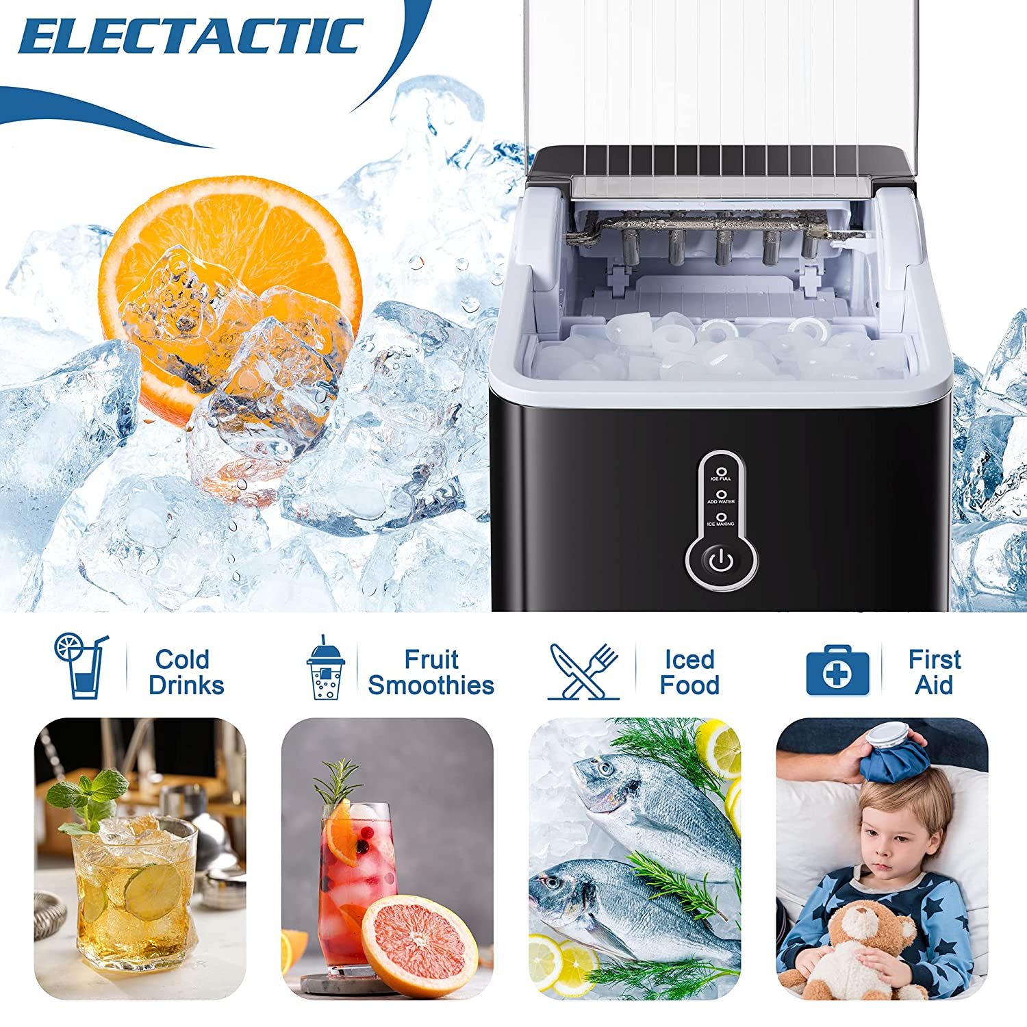 Ice Maker Countertop, Efficient Easy Carry Ice Maker, Self-Cleaning Ice Maker with Ice Scoop & Basket, 9Pcs/ 8Mins 26.6Lbs per Day for Home/Office/Kitchen, Black