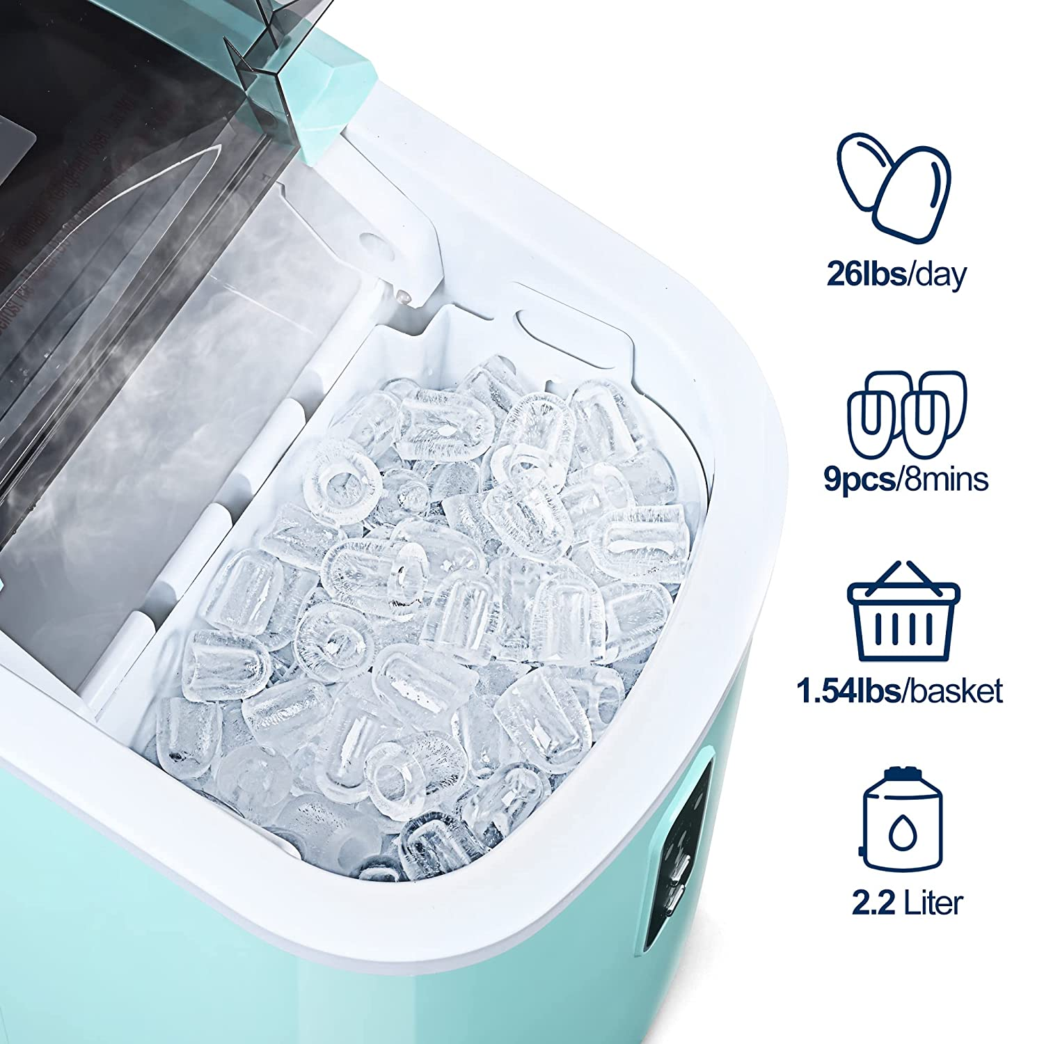 Euhomy Ice Maker Machine Countertop, 26 Lbs in 24 Hours, 9 Cubes Ready in 6 Mins, Self-Clean Electric Ice Maker Compact Potable Ice Maker with Ice Scoop and Basket. for Home/Kitchen/Office.(Blue)