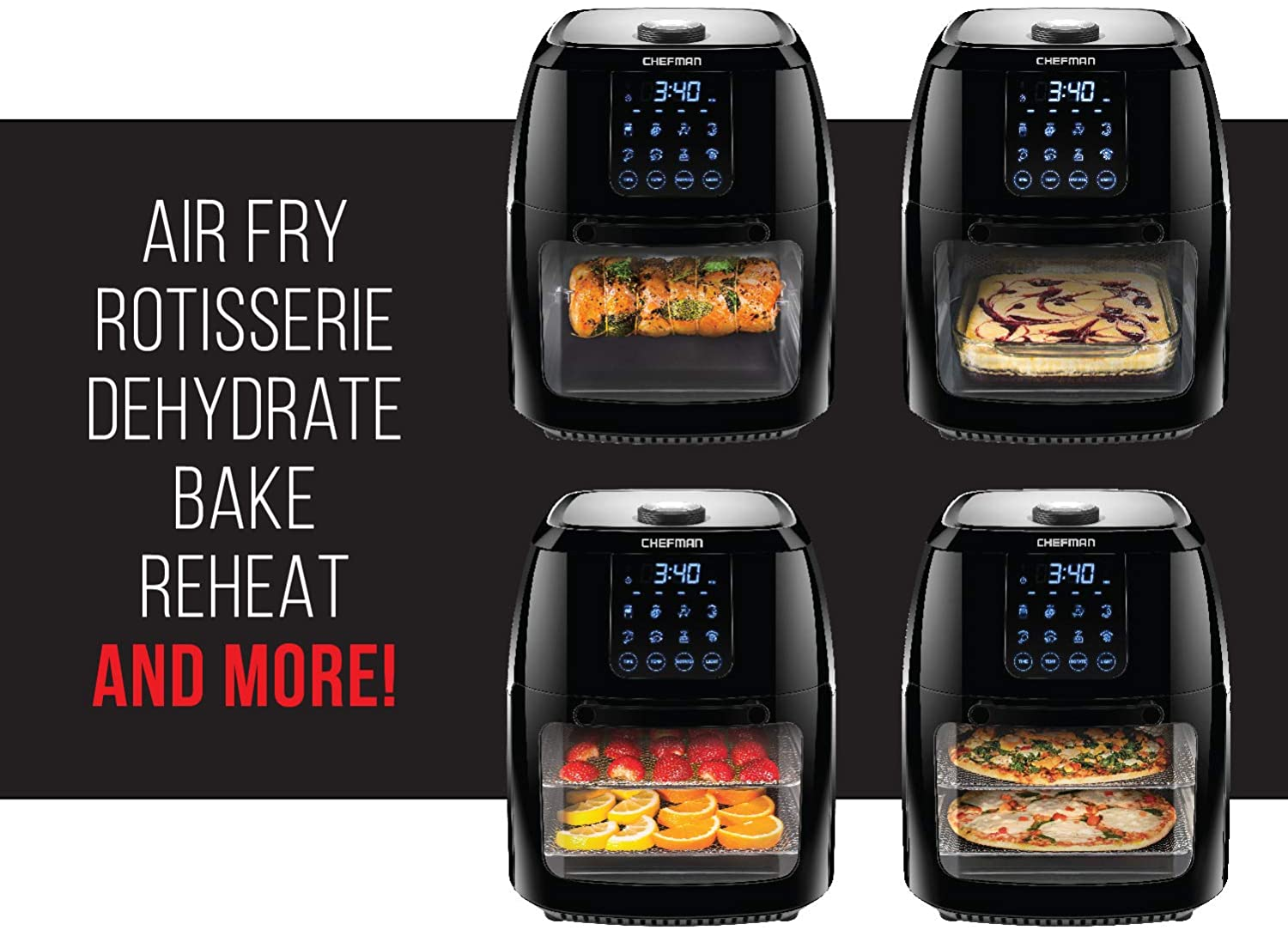 6.3 Quart Digital Air Fryer+ Rotisserie, Dehydrator, Convection Oven, 8 Touch Screen Presets Fry, Roast, Dehydrate & Bake, Bpa-Free, Auto Shutoff, Accessories Included, XL Family Size, Black