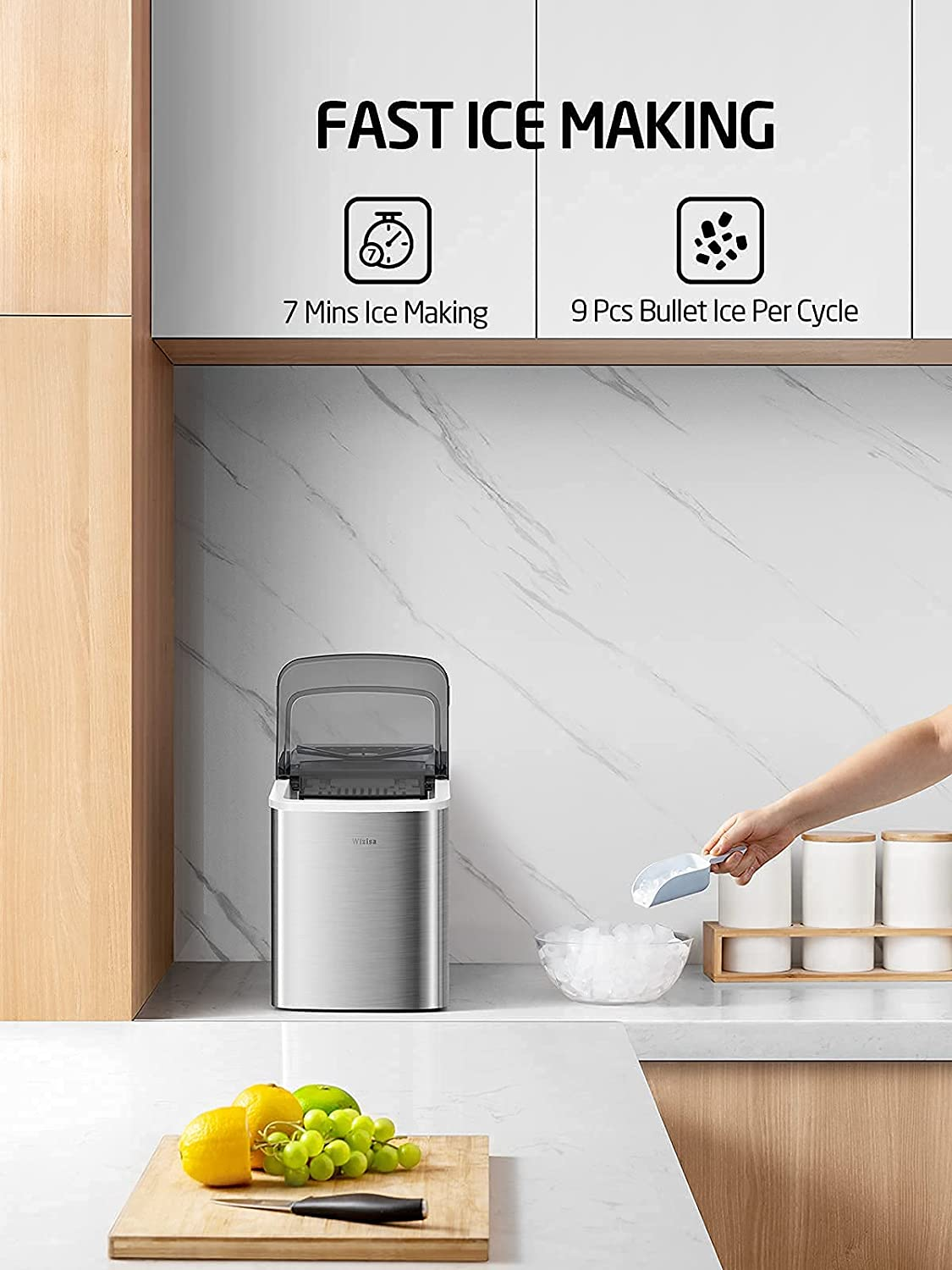 Ice Maker Machine for Countertop, 9 Bullet Ice Cubes Ready in 6 Minutes, 26Lbs in 24Hrs Portable Ice Maker Machine Self-Cleaning, 2 Sizes of Bullet-Shaped Ice for Home Kitchen Office Bar Party