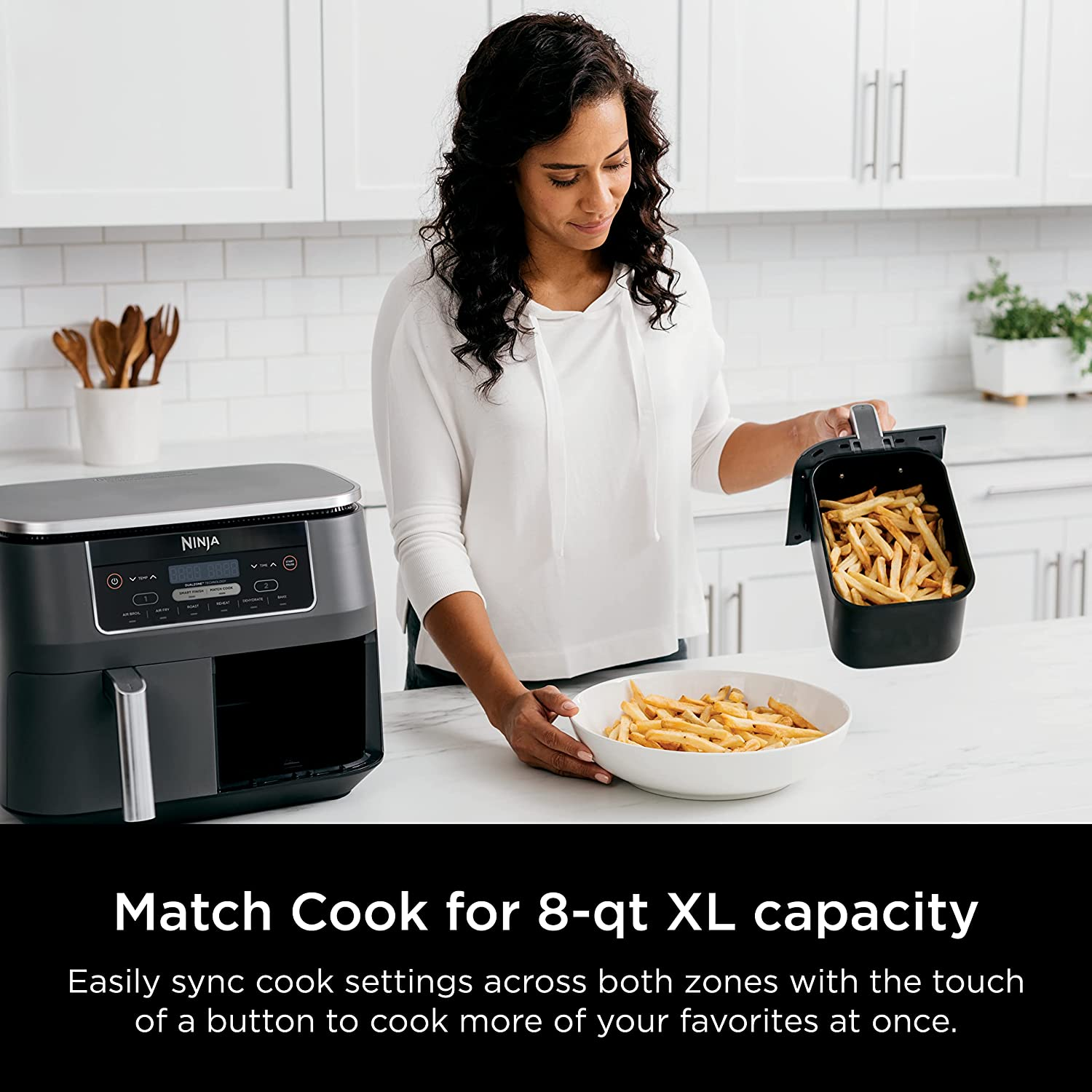 DZ201 Foodi 8 Quart 6-In-1 Dualzone 2-Basket Air Fryer with 2 Independent Frying Baskets, Match Cook & Smart Finish to Roast, Broil, Dehydrate & More for Quick, Easy Meals, Grey