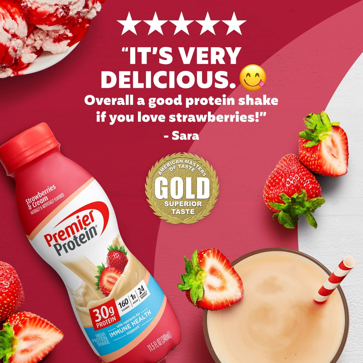 Premier Protein Shake, Strawberries, 30g Protein, 1g Sugar, 24 Vitamins & Minerals, Nutrients to Support Immune Health, 138.0 Fl Oz, Pack of 12