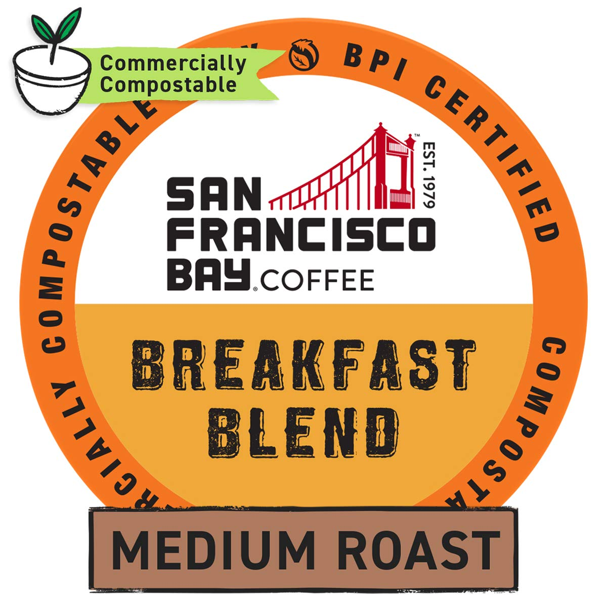 SF Bay Coffee Breakfast Blend 12 Ct Medium Roast Compostable Coffee Pods, K Cup Compatible Including Keurig 2.0