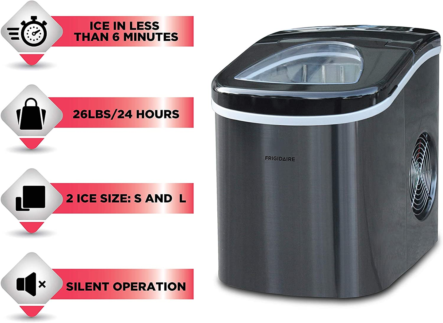 EFIC117-SSBLACK-COM EFIC117-SSBLACK 26 Lbs Portable Compact Maker, Stainless Steel Ice Making Machine, Medium, Black Stainless