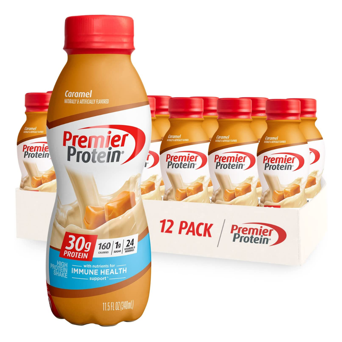 Premier Protein Shake, Caramel, 30g Protein, 1g Sugar, 24 Vitamins & Minerals, Nutrients to Support Immune Health, 11.5 Fl Oz, Pack of 12