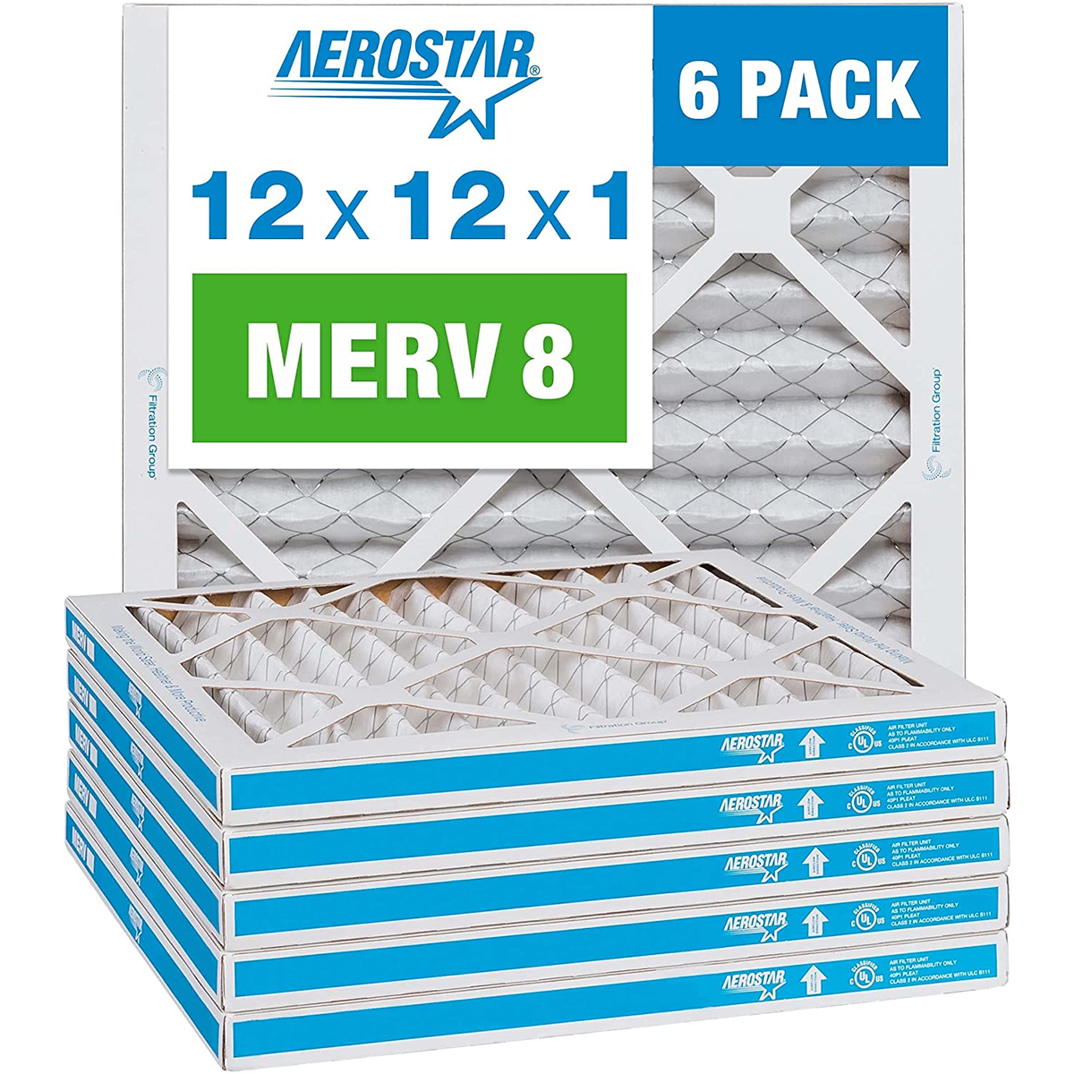 12X12X1 MERV 8 Pleated Air Filter, AC Furnace Air Filter, 6 Pack (Actual Size: 11 3/4"X11 3/4"X3/4")