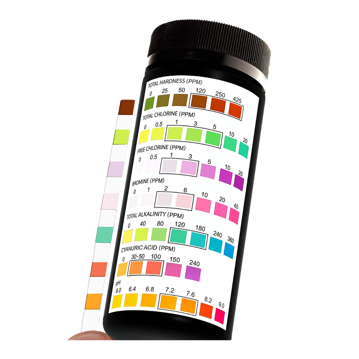Pool and Spa Test Strips - Quick and Accurate Pool Test Strips - 7-1 Pool Test Kit - 100 Bromine, Ph, Hardness and Chlorine Test Strips - with E-Book - 100 Water Test Strips -