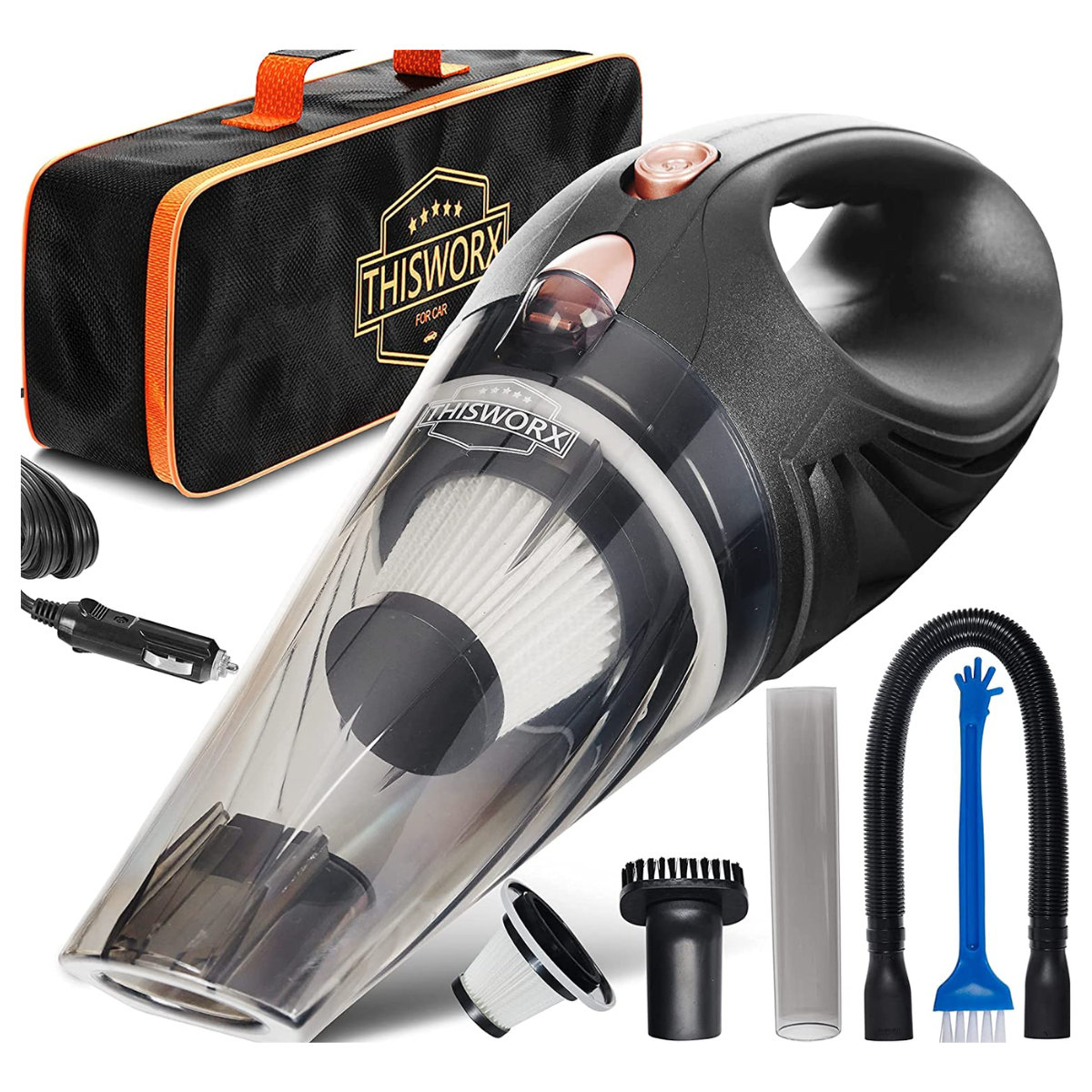 Car Vacuum Cleaner - Portable, High Power, Mini Handheld Vacuum W/ 3 Attachments, 16 Ft Cord & Bag - 12V, Small Auto Accessories Kit for Interior Detailing - Black