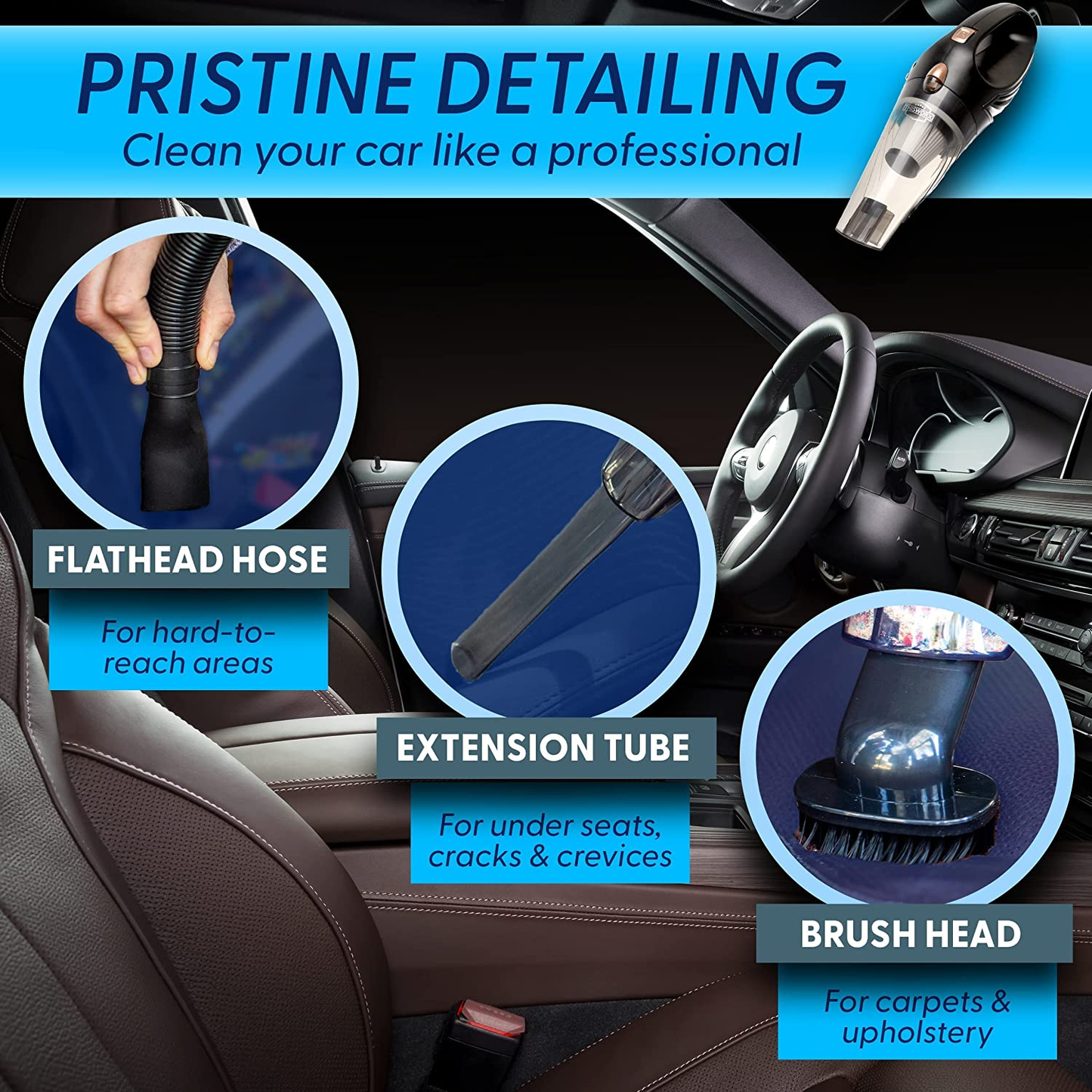 Car Vacuum Cleaner - Portable, High Power, Mini Handheld Vacuum W/ 3 Attachments, 16 Ft Cord & Bag - 12V, Small Auto Accessories Kit for Interior Detailing - Black