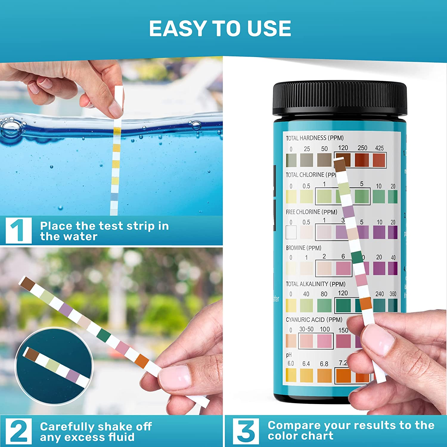 Pool and Spa Test Strips - Quick and Accurate Pool Test Strips - 7-1 Pool Test Kit - 100 Bromine, Ph, Hardness and Chlorine Test Strips - with E-Book - 100 Water Test Strips -