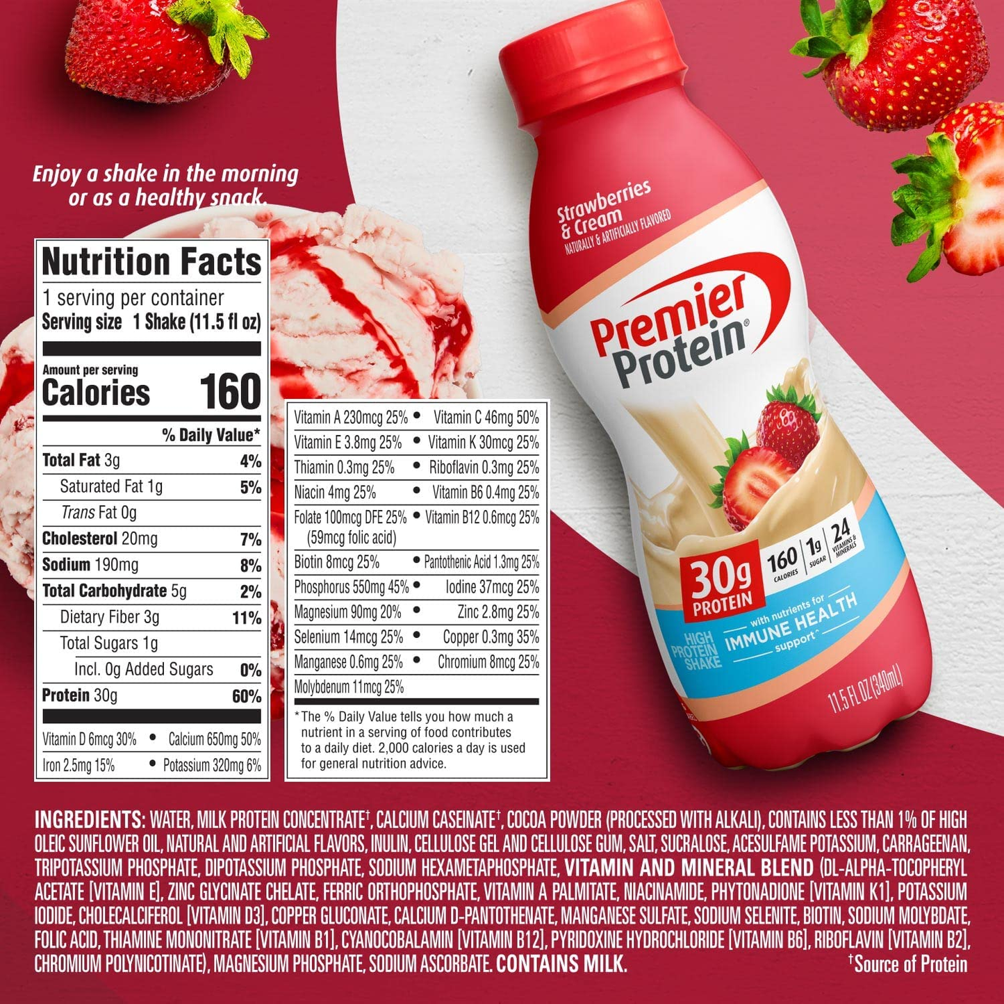 Premier Protein Shake, Strawberries, 30g Protein, 1g Sugar, 24 Vitamins & Minerals, Nutrients to Support Immune Health, 138.0 Fl Oz, Pack of 12