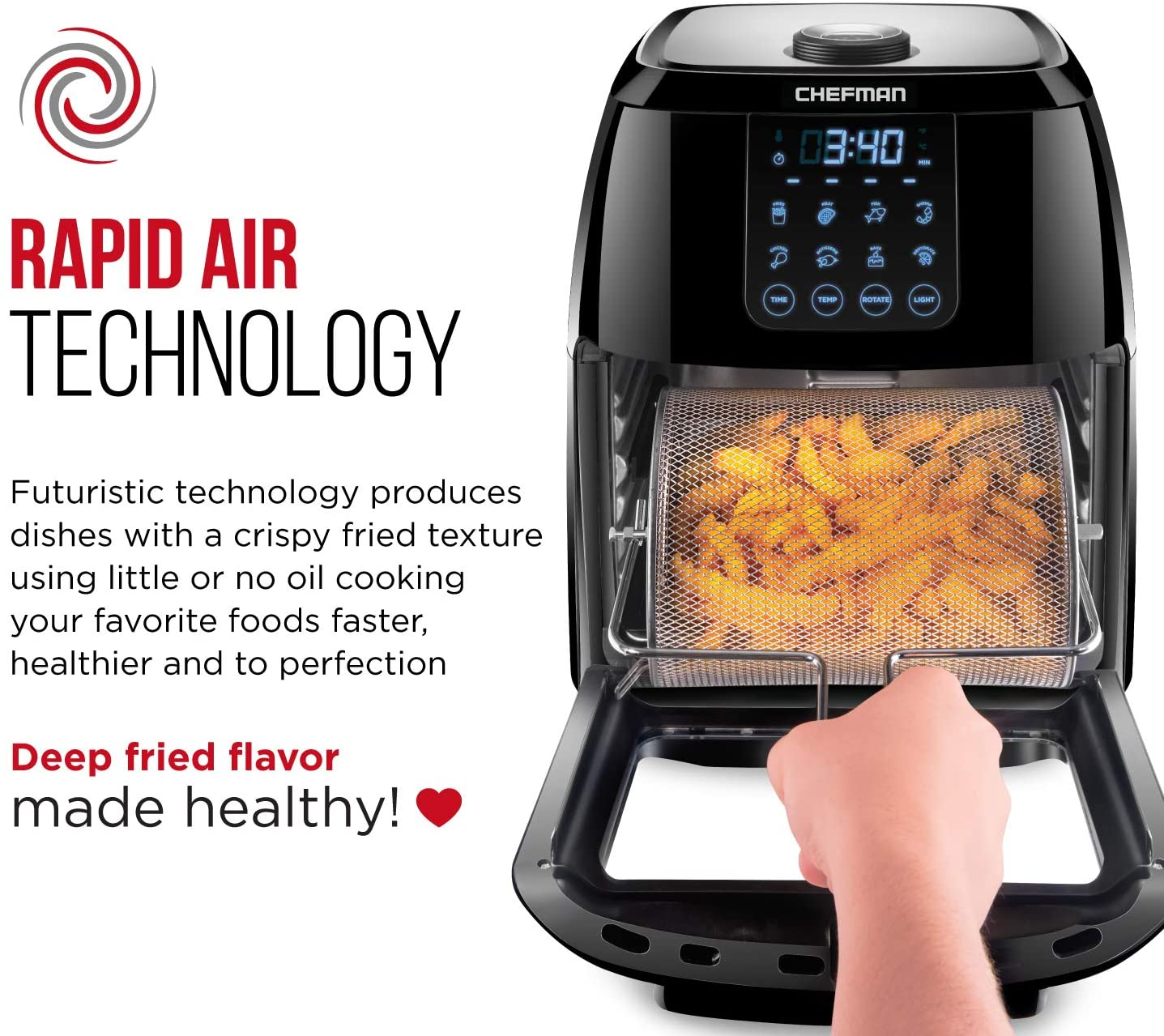 6.3 Quart Digital Air Fryer+ Rotisserie, Dehydrator, Convection Oven, 8 Touch Screen Presets Fry, Roast, Dehydrate & Bake, Bpa-Free, Auto Shutoff, Accessories Included, XL Family Size, Black