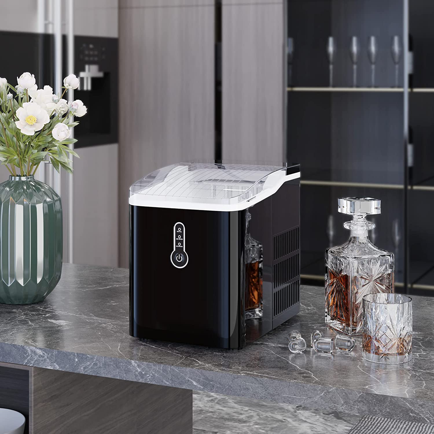 Ice Maker Countertop, Efficient Easy Carry Ice Maker, Self-Cleaning Ice Maker with Ice Scoop & Basket, 9Pcs/ 8Mins 26.6Lbs per Day for Home/Office/Kitchen, Black