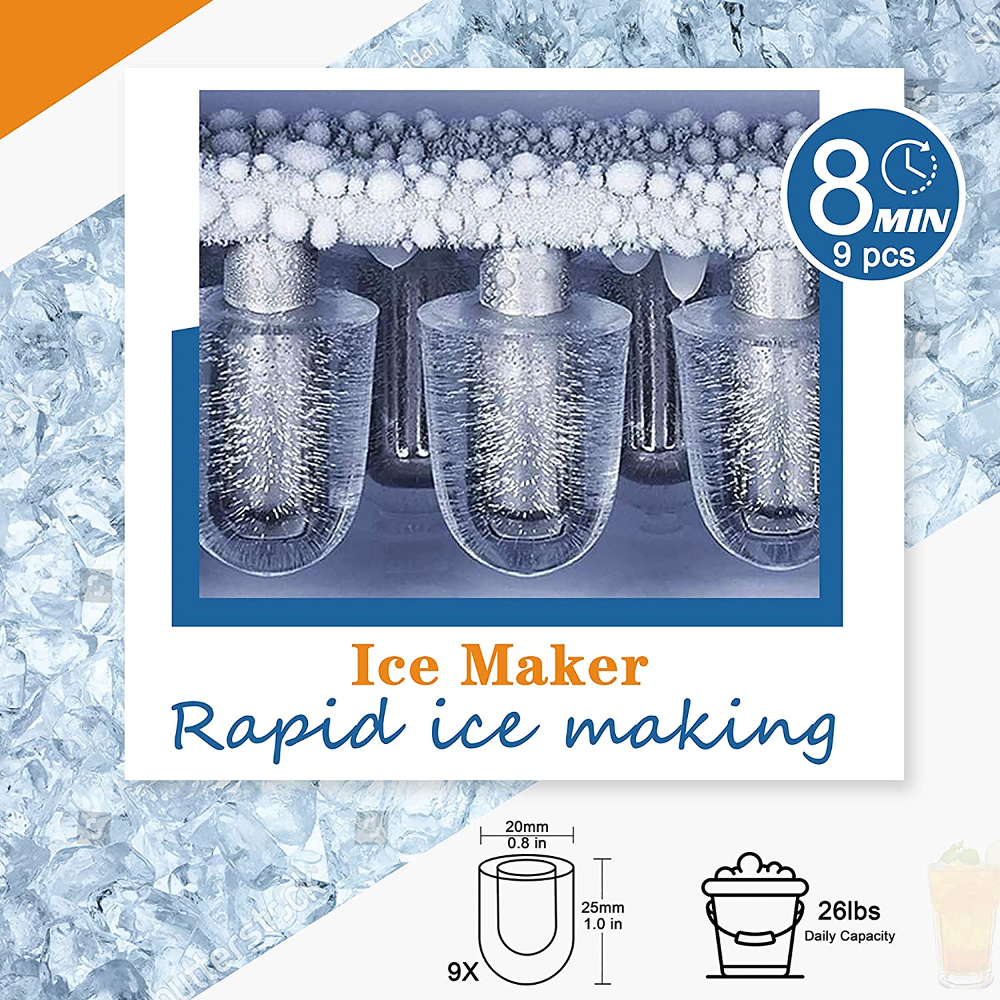 Ice Maker Countertop, Efficient Easy Carry Ice Maker, Self-Cleaning Ice Maker with Ice Scoop & Basket, 9Pcs/ 8Mins 26.6Lbs per Day for Home/Office/Kitchen, Black