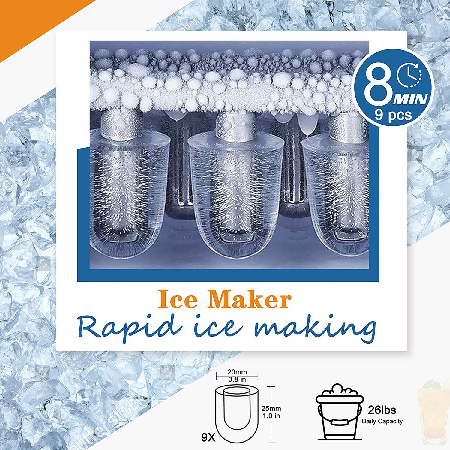 Ice Maker Countertop, Efficient Easy Carry Ice Maker, Self-Cleaning Ice Maker with Ice Scoop & Basket, 9Pcs/ 8Mins 26.6Lbs per Day for Home/Office/Kitchen, Black