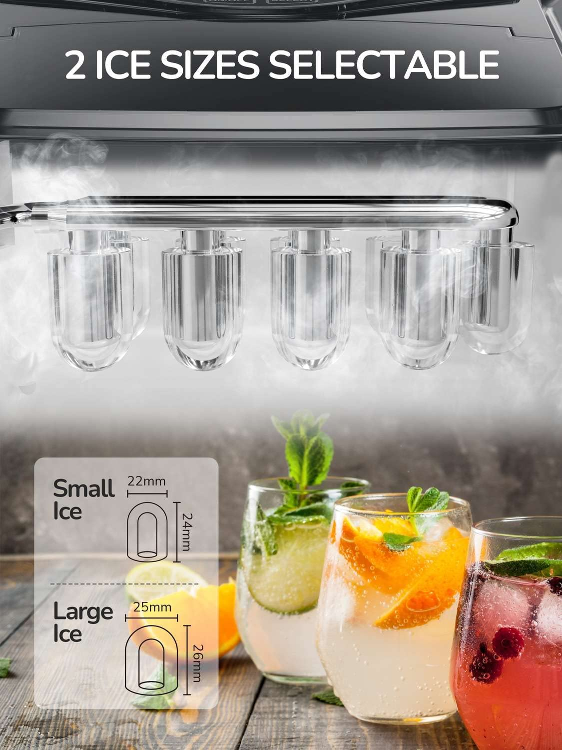 Ice Maker Machine for Countertop, 9 Bullet Ice Cubes Ready in 6 Minutes, 26Lbs in 24Hrs Portable Ice Maker Machine Self-Cleaning, 2 Sizes of Bullet-Shaped Ice for Home Kitchen Office Bar Party