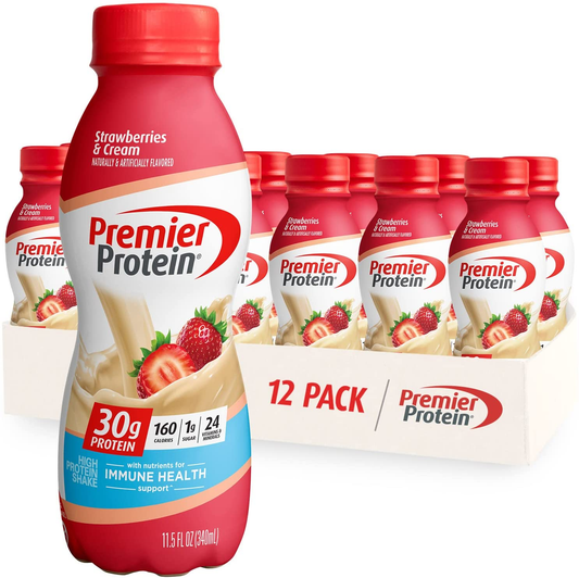 Premier Protein Shake, Strawberries, 30g Protein, 1g Sugar, 24 Vitamins & Minerals, Nutrients to Support Immune Health, 138.0 Fl Oz, Pack of 12