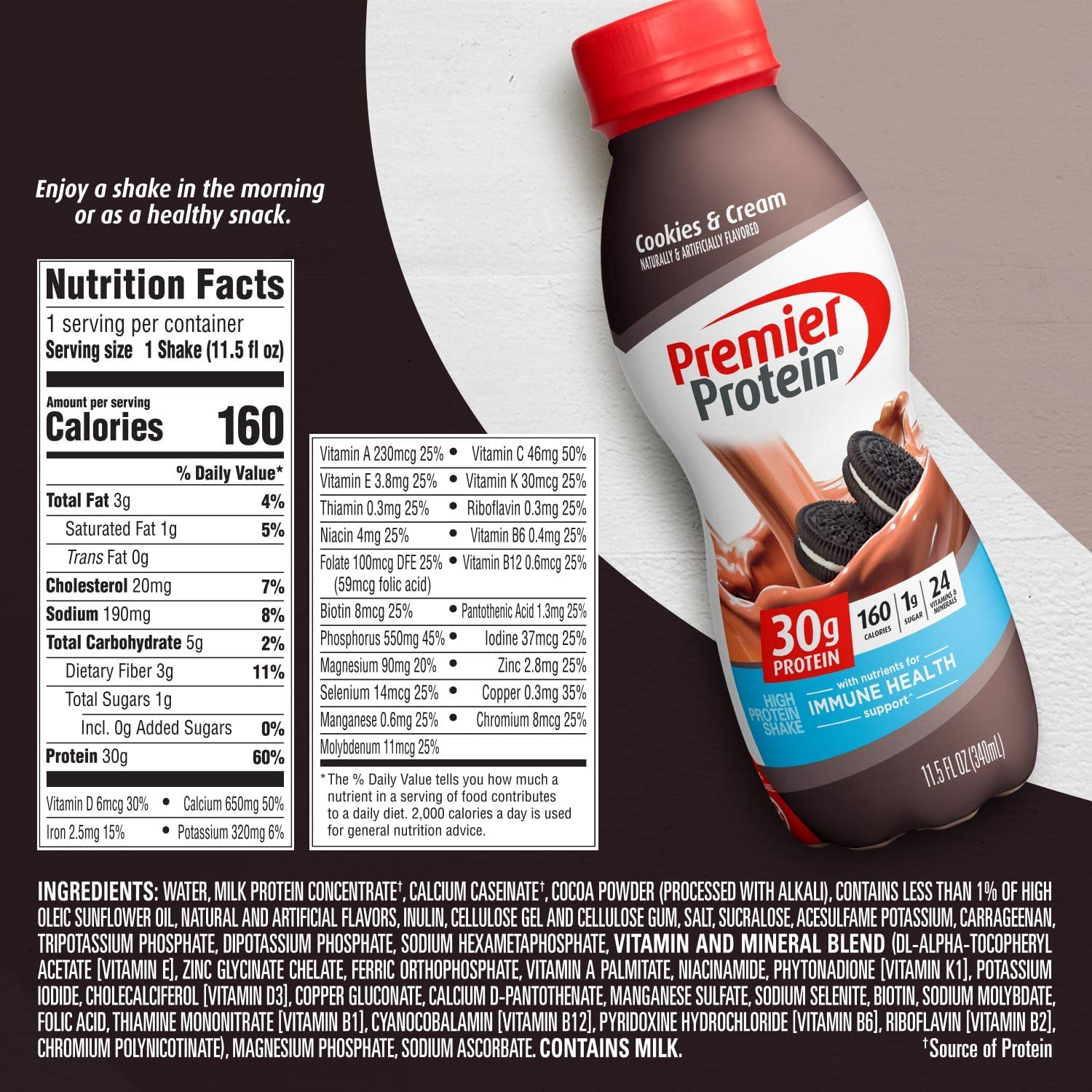 Premier Protein Shake, Cookies & Cream, 30G Protein, 1G Sugar, 24 Vitamins & Minerals, Nutrients to Support Immune Health 11.5 Fl Oz, 12 Pack