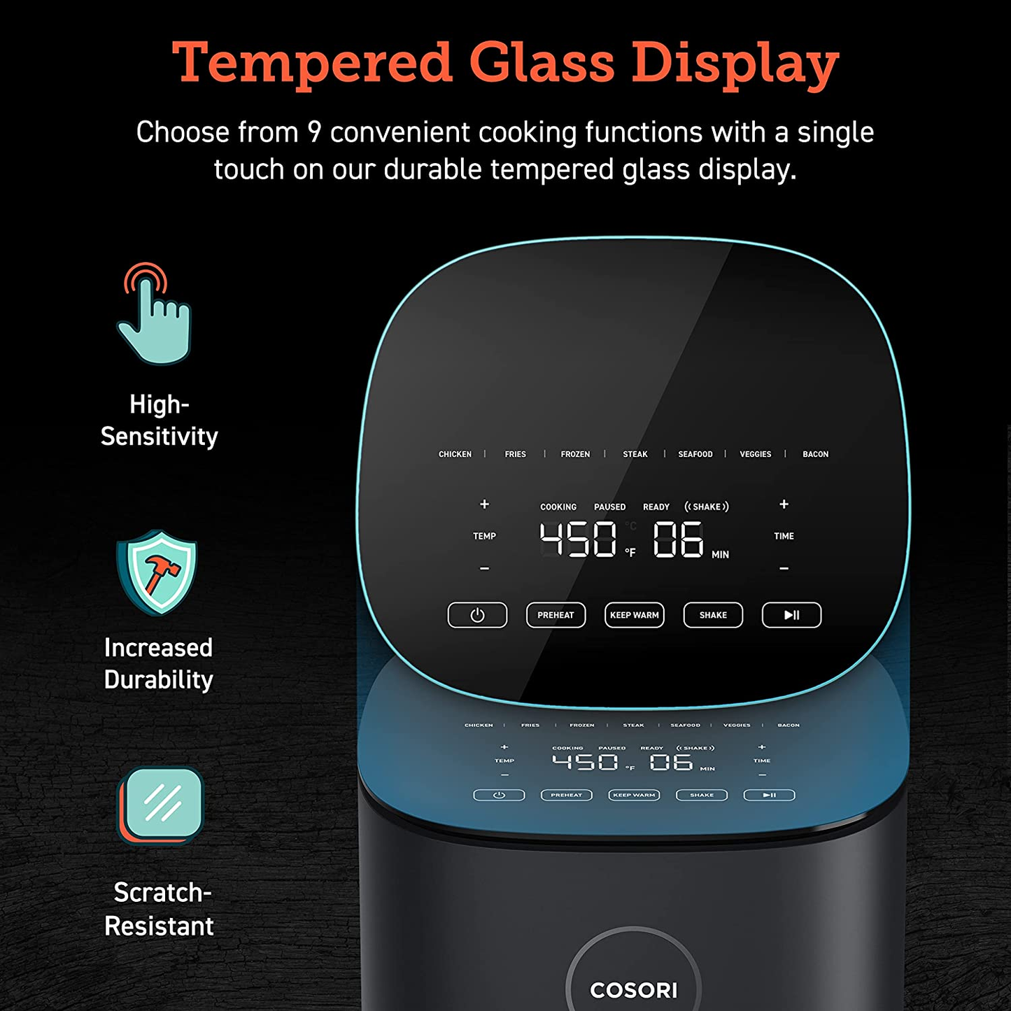 Air Fryer, 5 QT, 9-In-1 Airfryer Compact Oilless Small Oven, Dishwasher-Safe, 450℉ Freidora De Aire, 30 Exclusive Recipes, Tempered Glass Display, Nonstick Basket, Quiet, Fit for 2-4 People