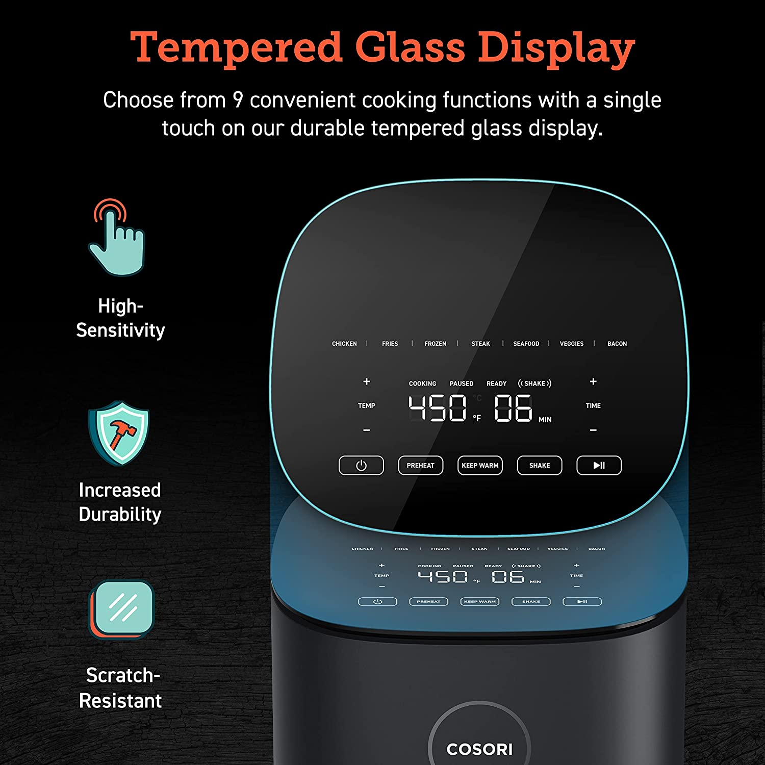 Air Fryer, 5 QT, 9-In-1 Airfryer Compact Oilless Small Oven, Dishwasher-Safe, 450℉ Freidora De Aire, 30 Exclusive Recipes, Tempered Glass Display, Nonstick Basket, Quiet, Fit for 2-4 People