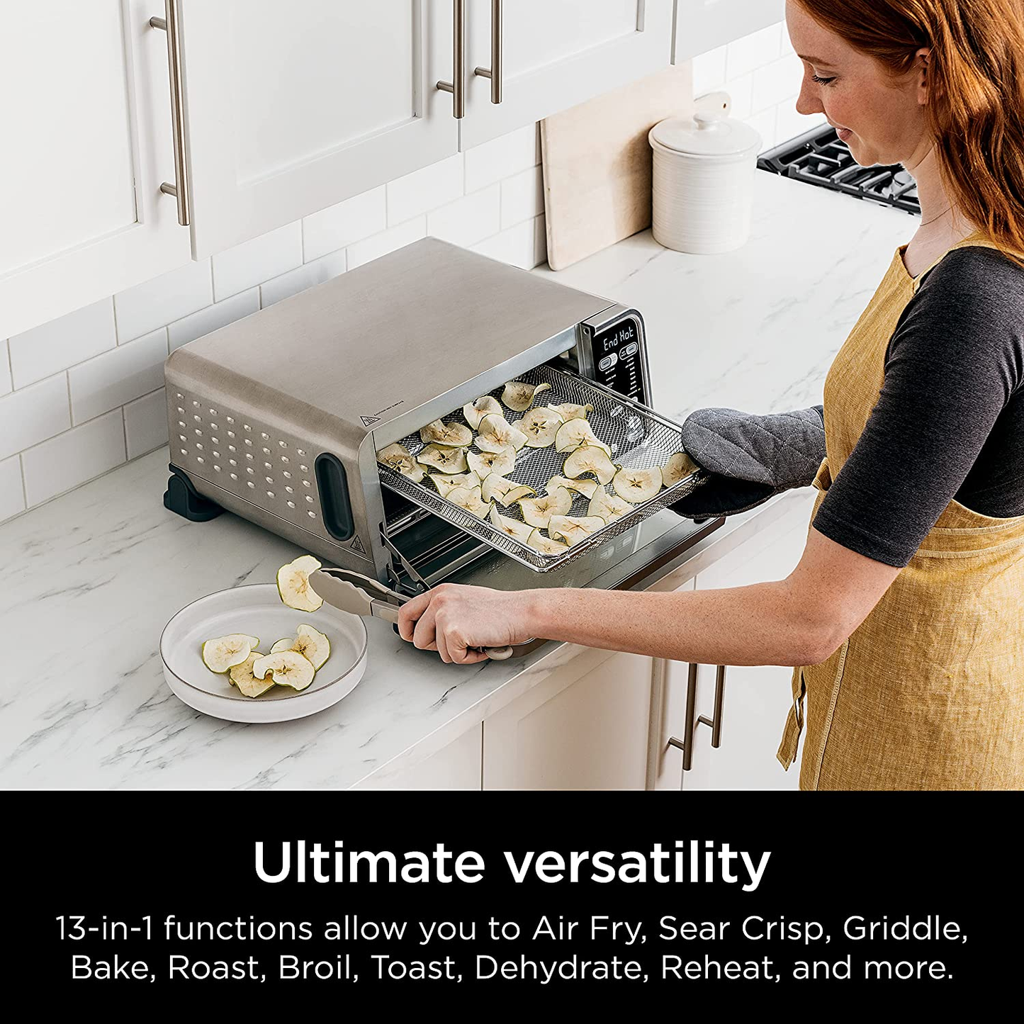 SP301 Dual Heat Air Fry Countertop 13-In-1 Oven with Extended Height, XL Capacity, Flip up & Away Capability for Storage Space, with Air Fry Basket, Searplate, Wire Rack & Crumb Tray, Silver