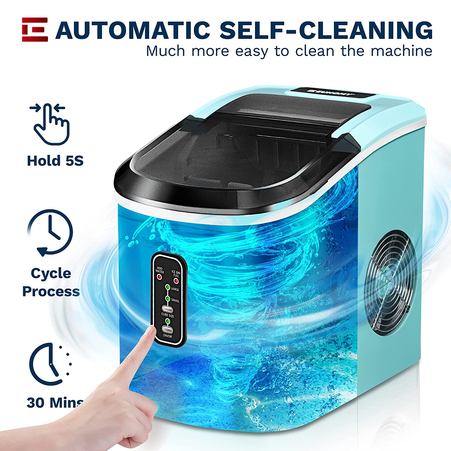 Euhomy Ice Maker Machine Countertop, 26 Lbs in 24 Hours, 9 Cubes Ready in 6 Mins, Self-Clean Electric Ice Maker Compact Potable Ice Maker with Ice Scoop and Basket. for Home/Kitchen/Office.(Blue)