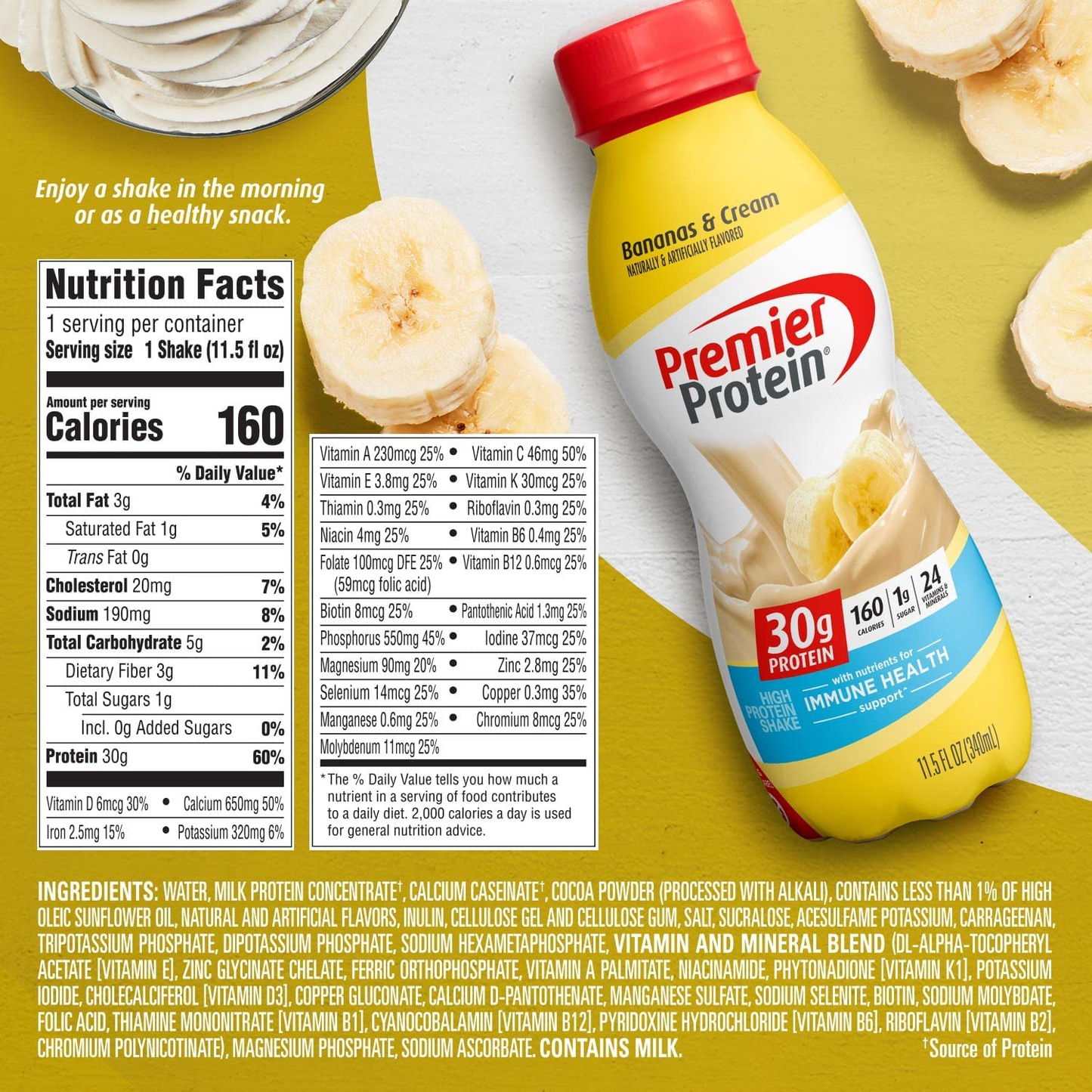 Premier Protein Shake, Bananas & Cream, 30g Protein, 1g Sugar, 24 Vitamins & Minerals, Nutrients to Support Immune Health, 138.0 Fl Oz, Pack of 12