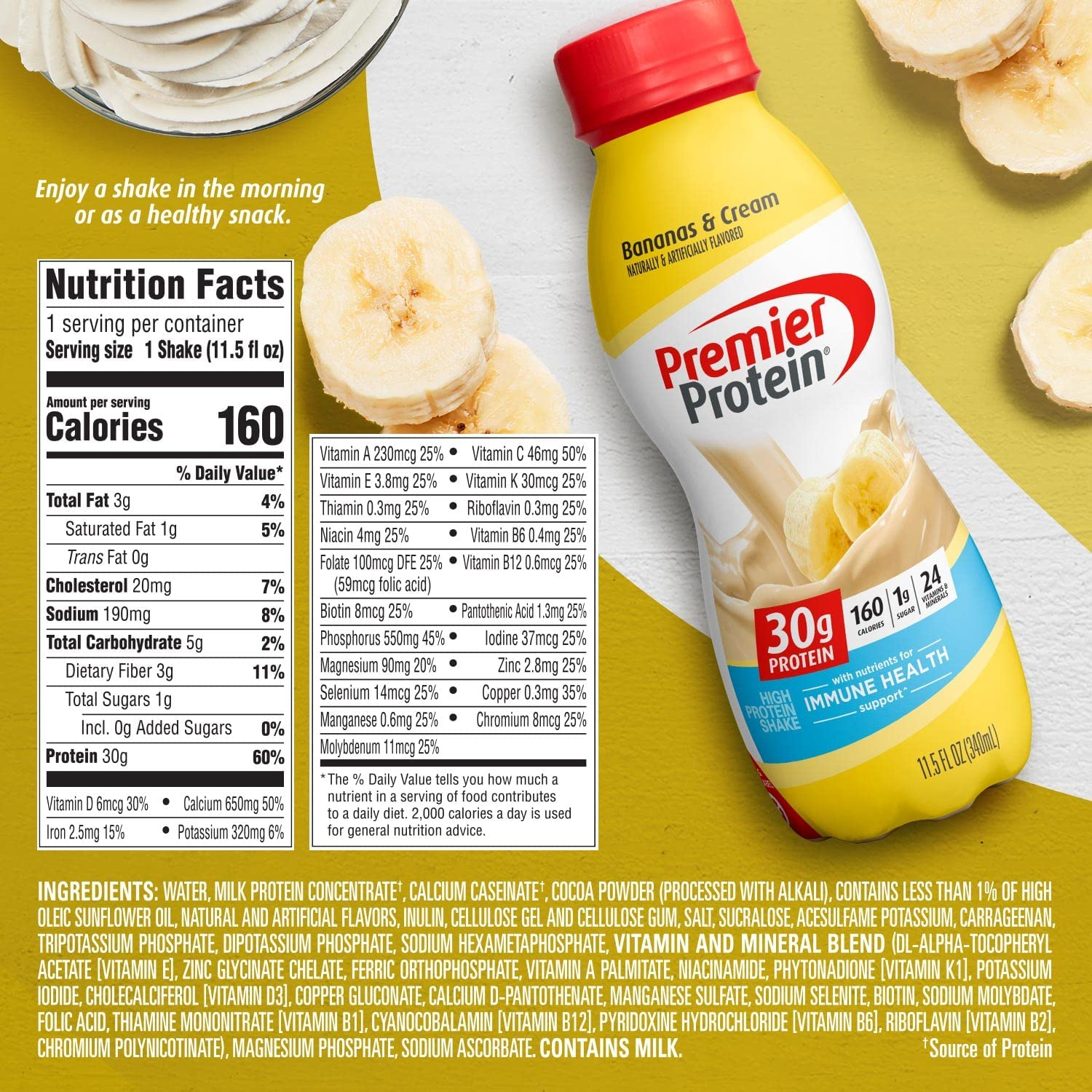 Premier Protein Shake, Bananas & Cream, 30g Protein, 1g Sugar, 24 Vitamins & Minerals, Nutrients to Support Immune Health, 138.0 Fl Oz, Pack of 12