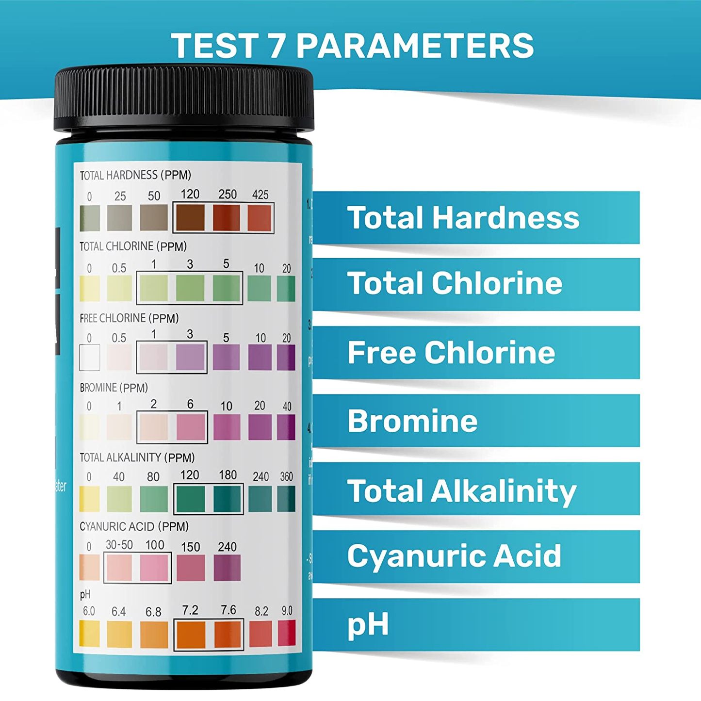 Pool and Spa Test Strips - Quick and Accurate Pool Test Strips - 7-1 Pool Test Kit - 100 Bromine, Ph, Hardness and Chlorine Test Strips - with E-Book - 100 Water Test Strips -