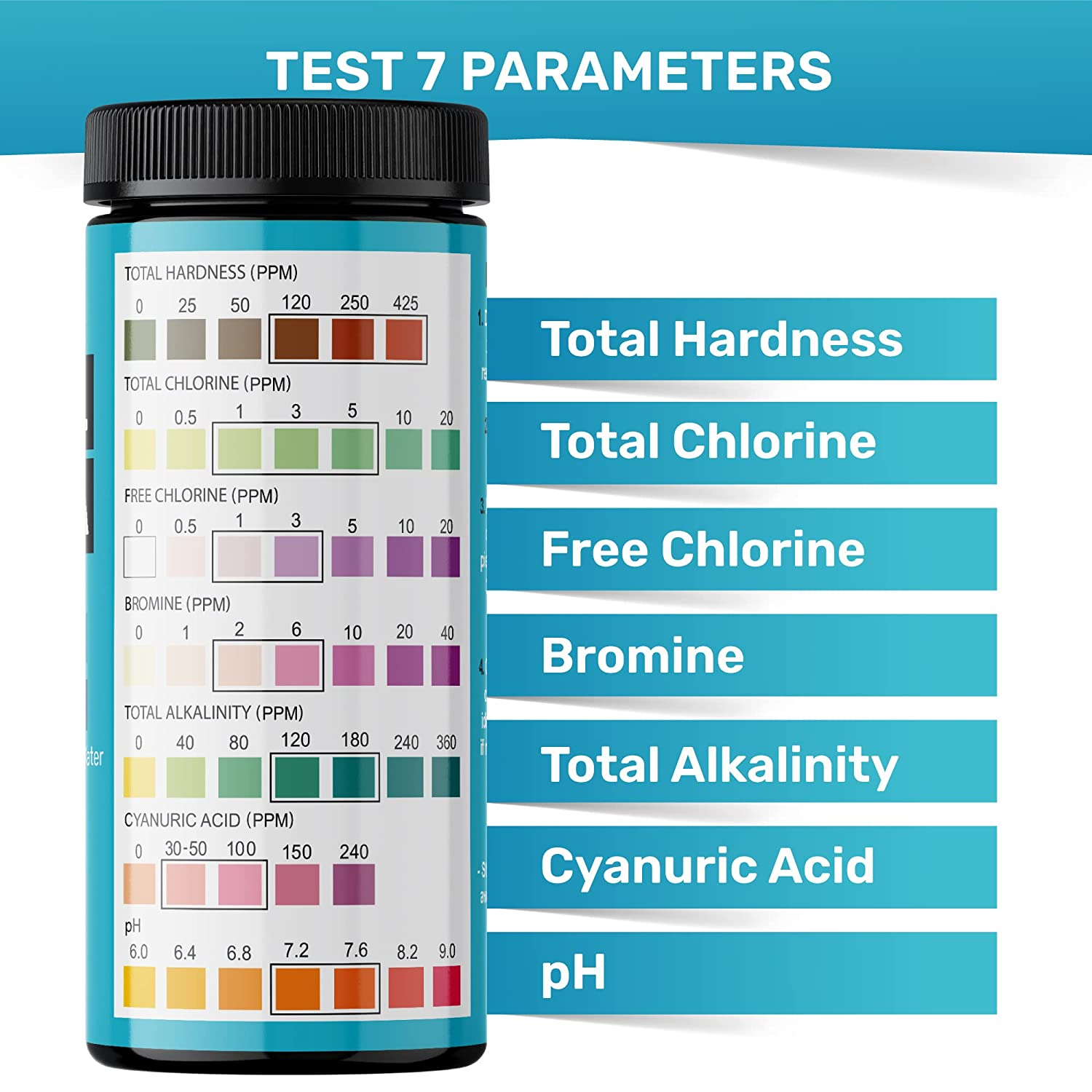 Pool and Spa Test Strips - Quick and Accurate Pool Test Strips - 7-1 Pool Test Kit - 100 Bromine, Ph, Hardness and Chlorine Test Strips - with E-Book - 100 Water Test Strips -